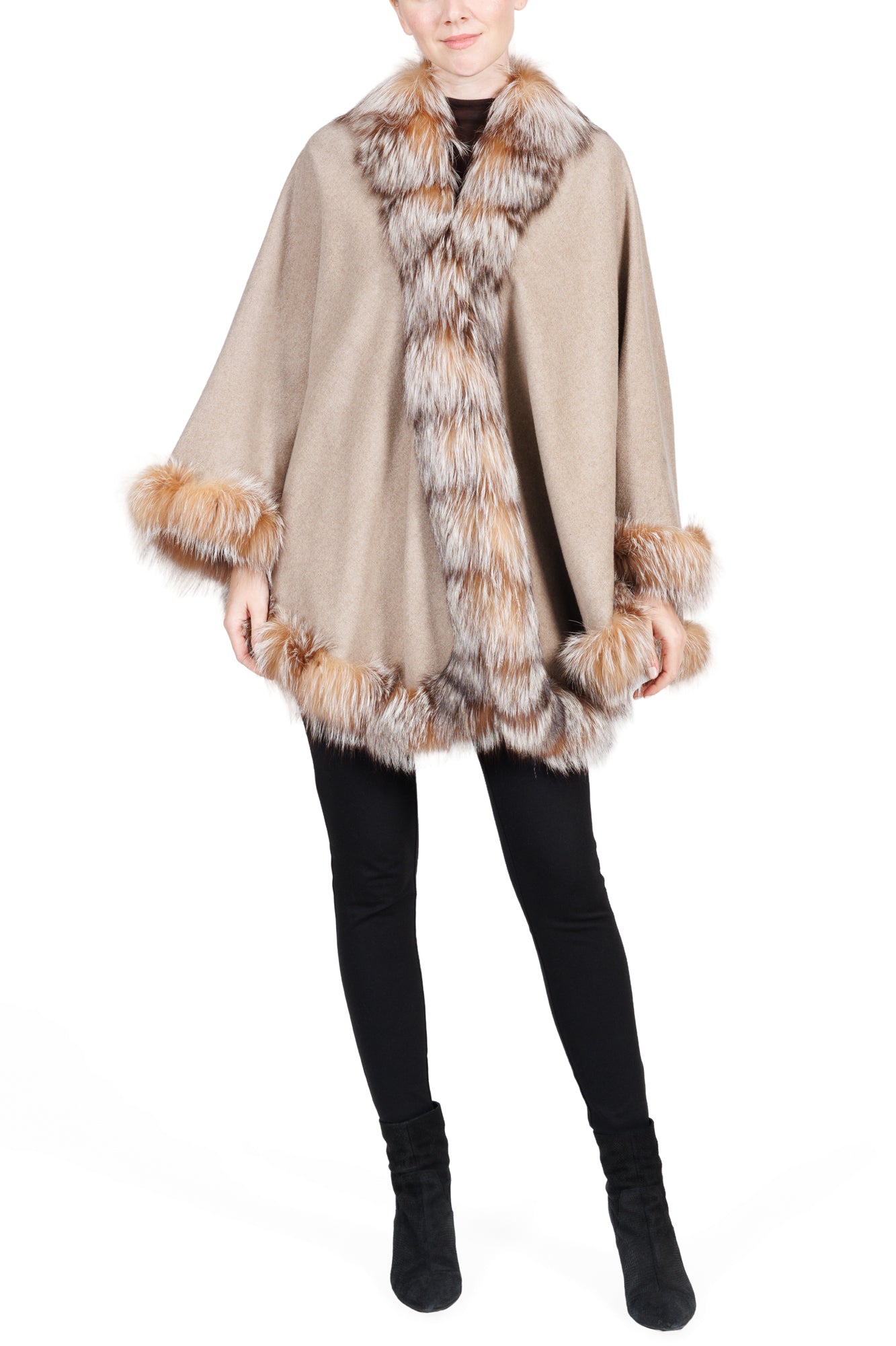 SHALI- Fox Fur-Trim Cashmere Cape