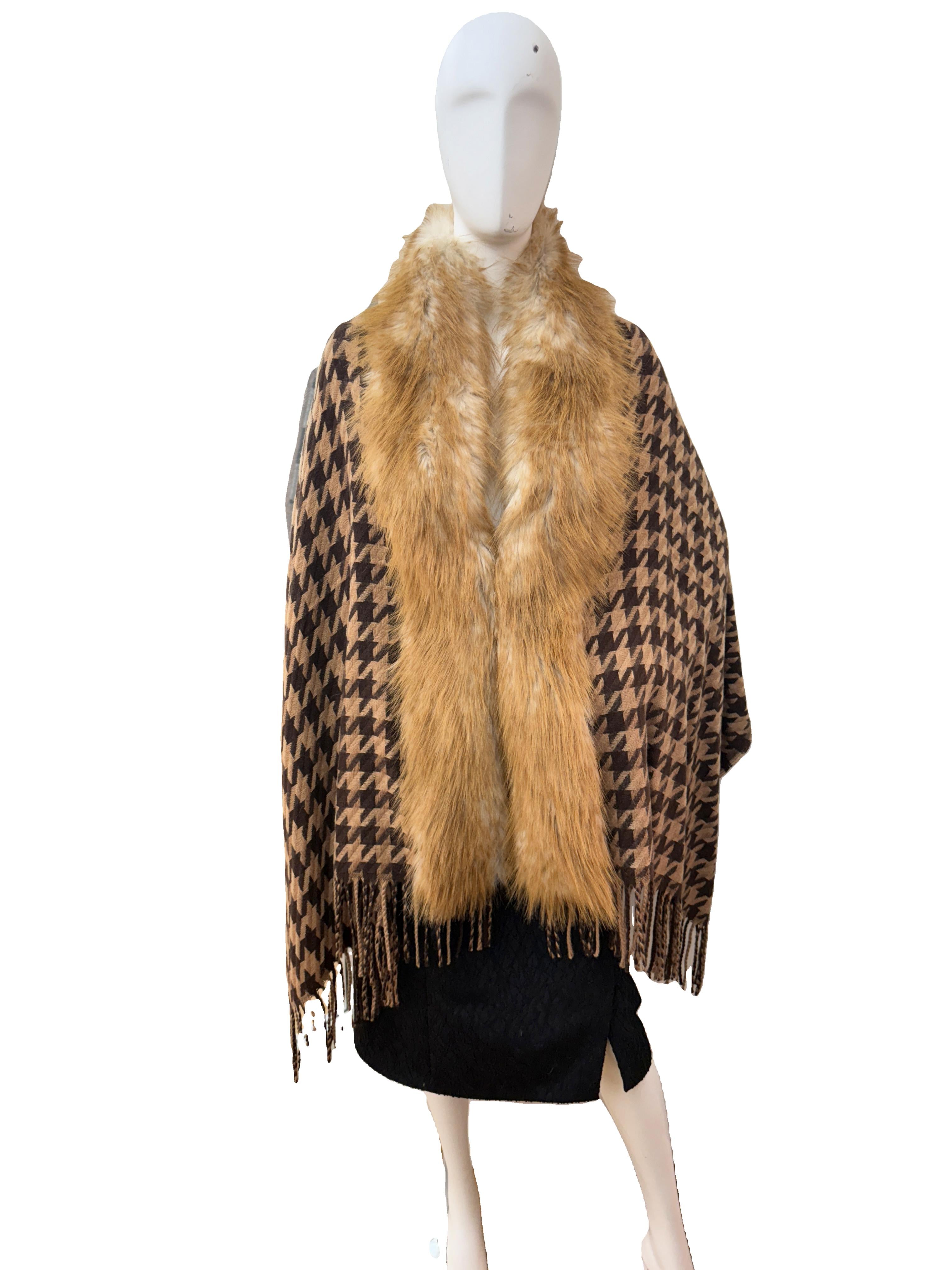Wool Blend Pattern Wrap with Faux Fur Trim