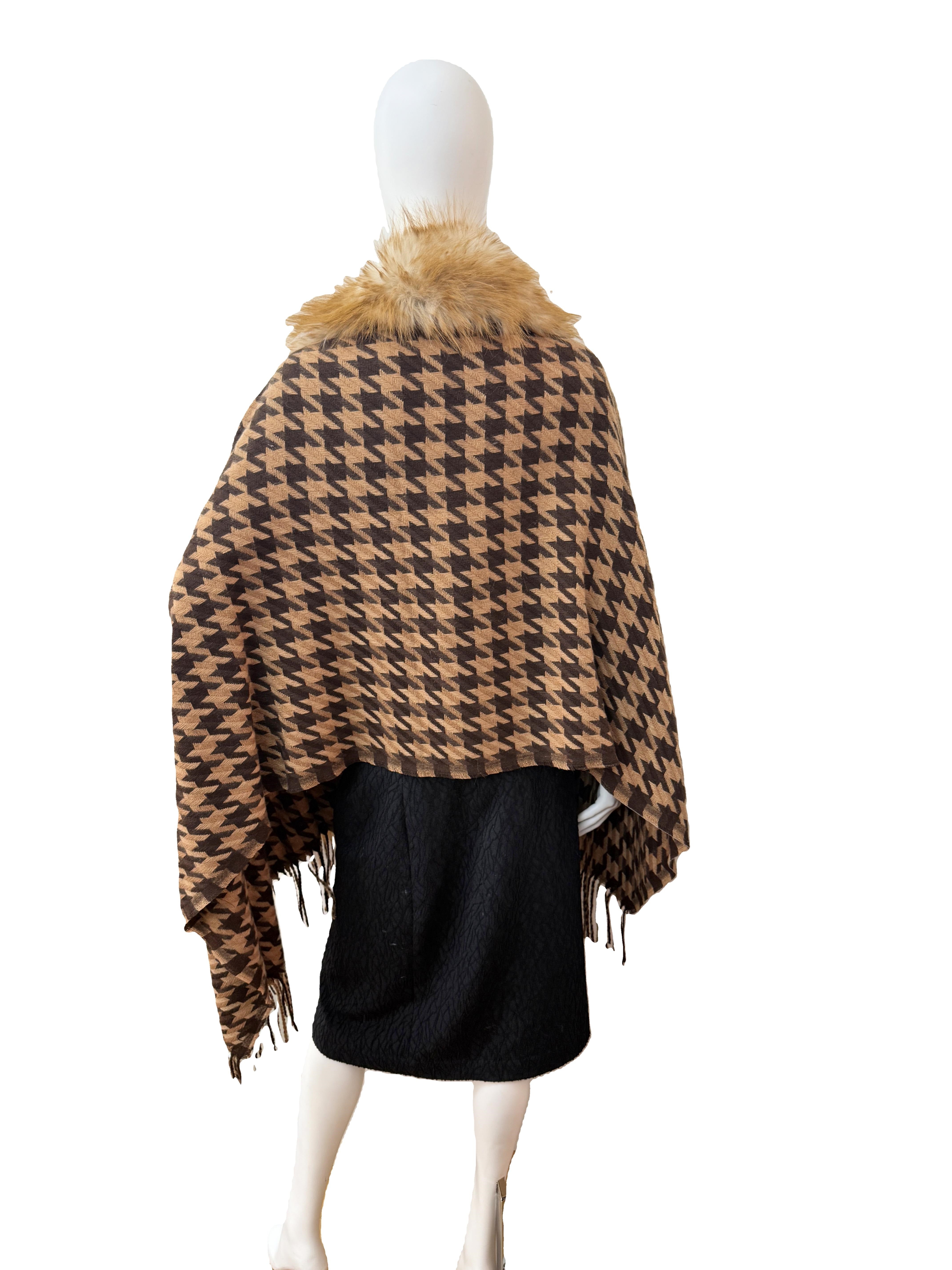 Wool Blend Pattern Wrap with Faux Fur Trim