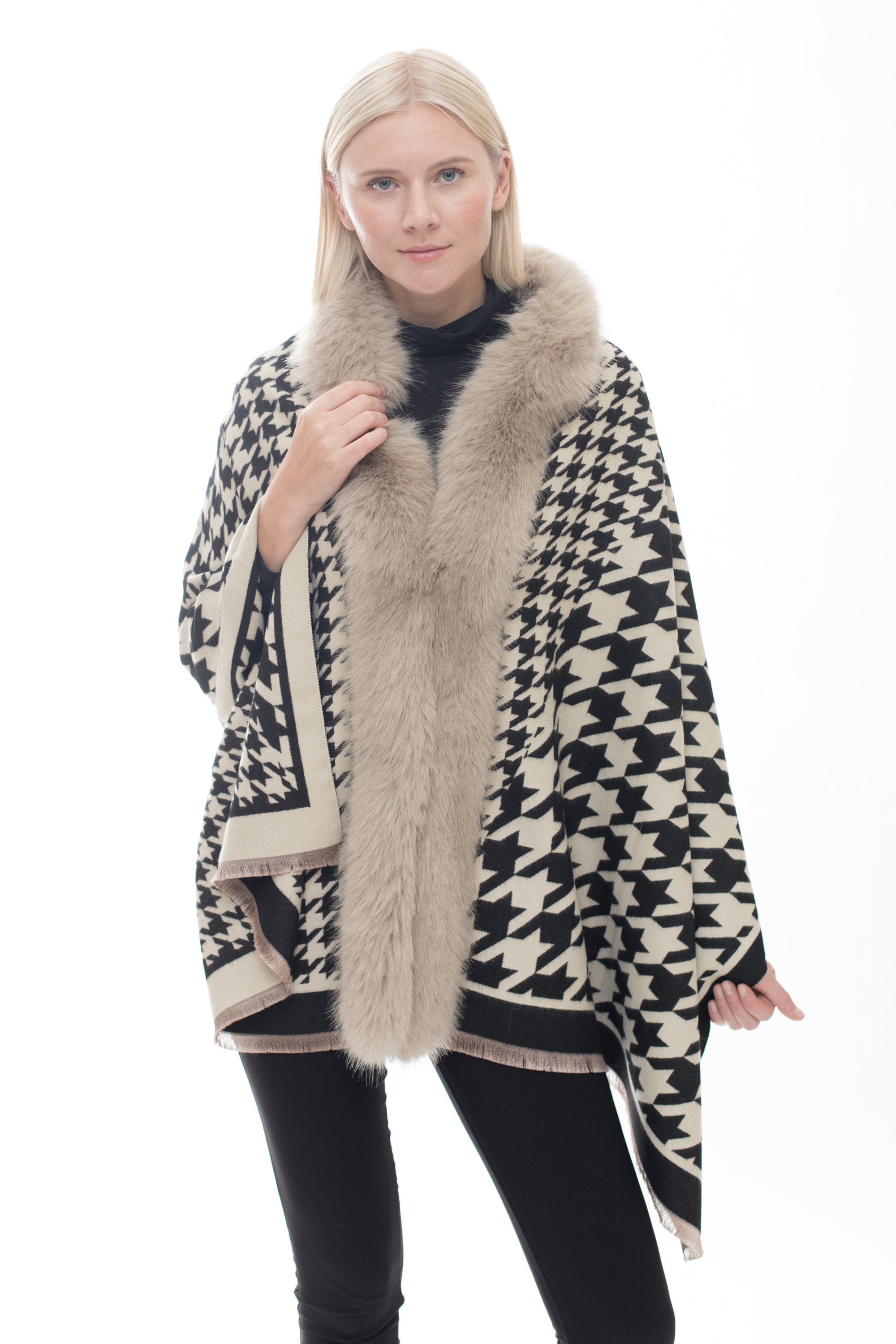Wool Blend Pattern Wrap with Faux Fur Trim