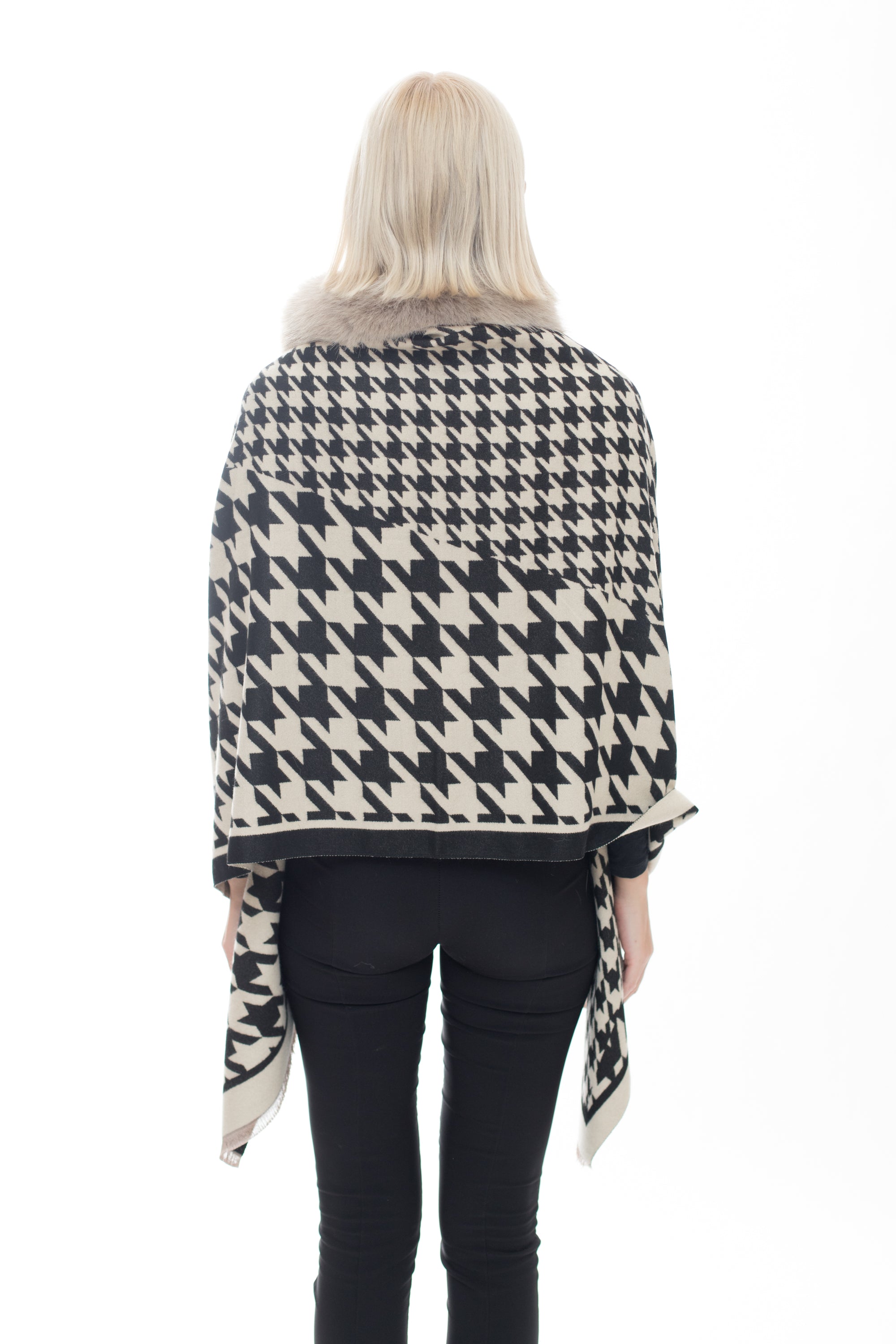 Wool Blend Pattern Wrap with Faux Fur Trim