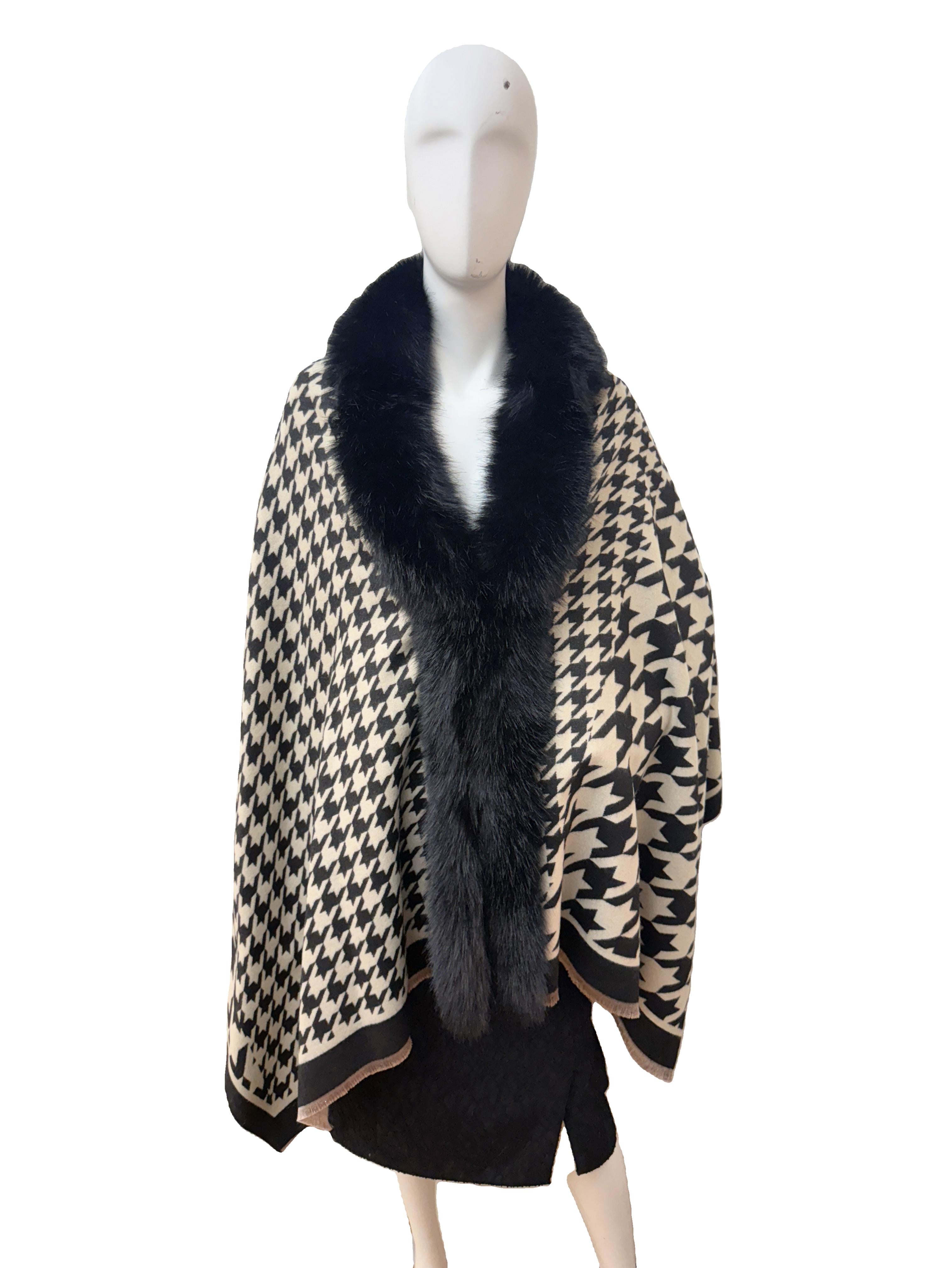 Wool Blend Pattern Wrap with Faux Fur Trim
