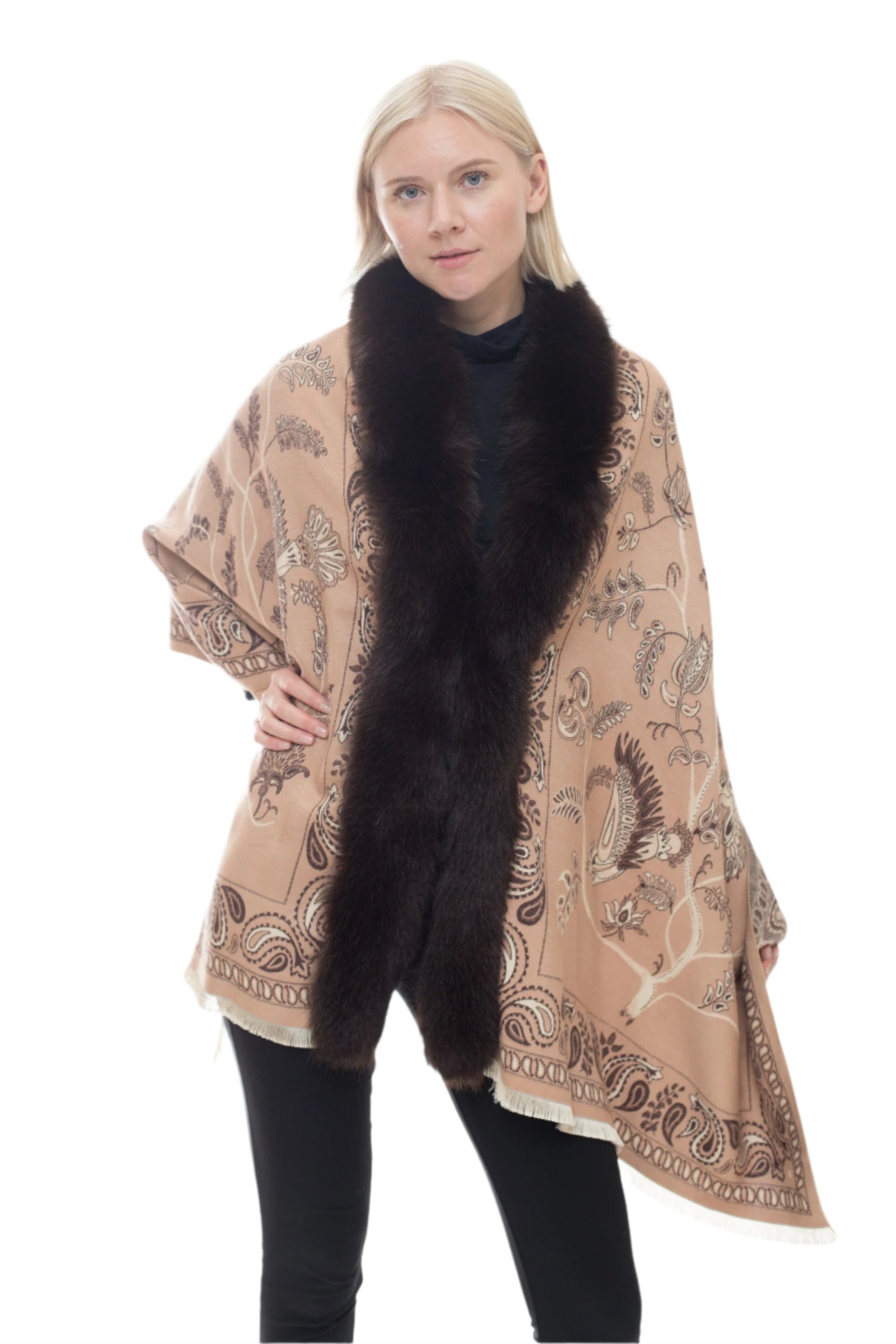 Wool Blend Pattern Wrap with Faux Fur Trim