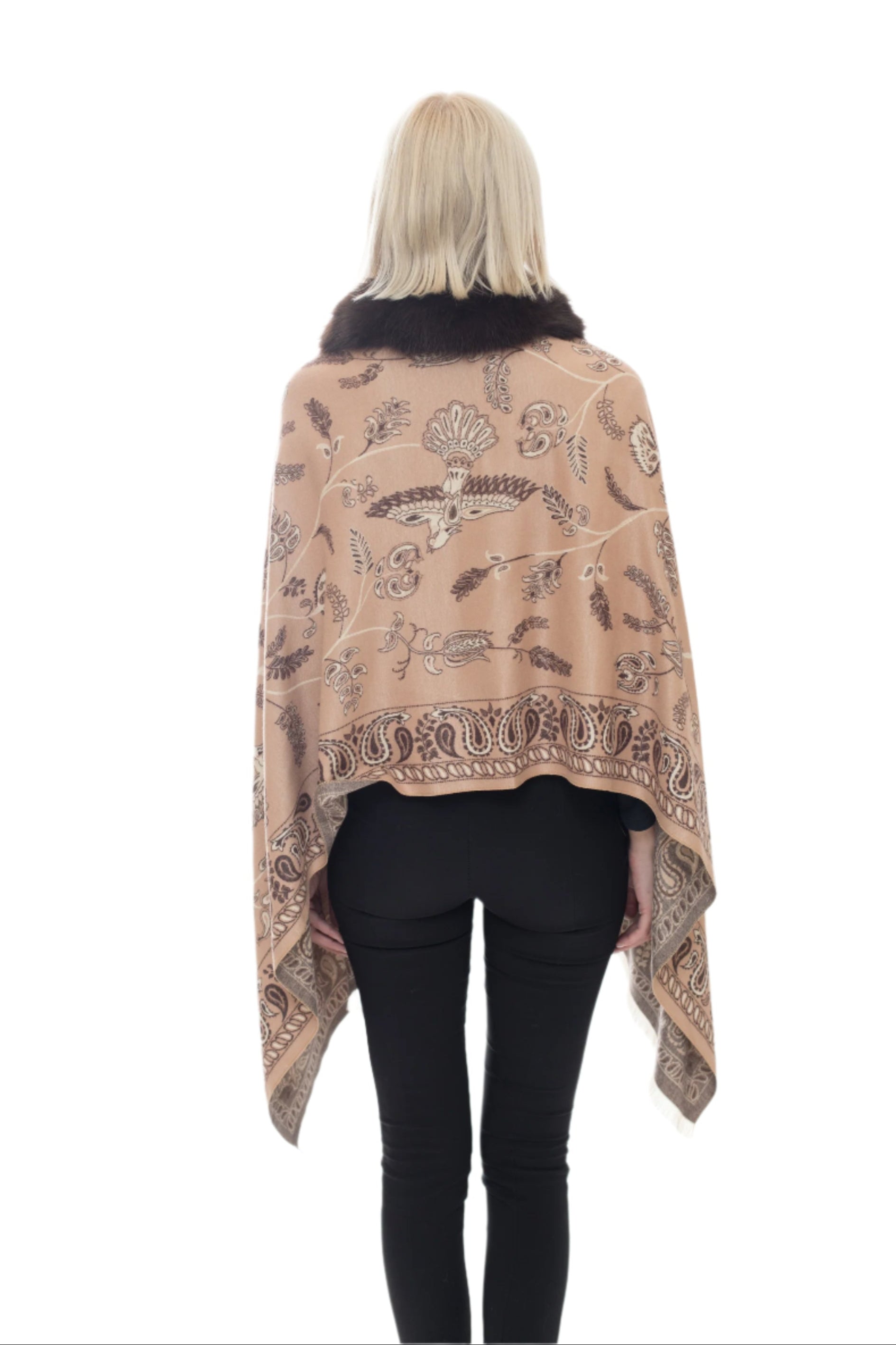 Wool Blend Pattern Wrap with Faux Fur Trim