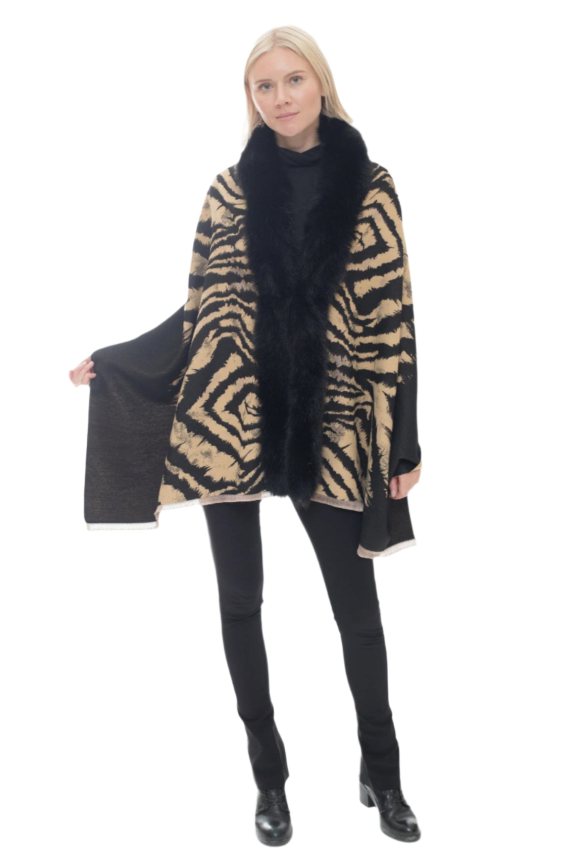 Wool Blend Pattern Wrap with Faux Fur Trim