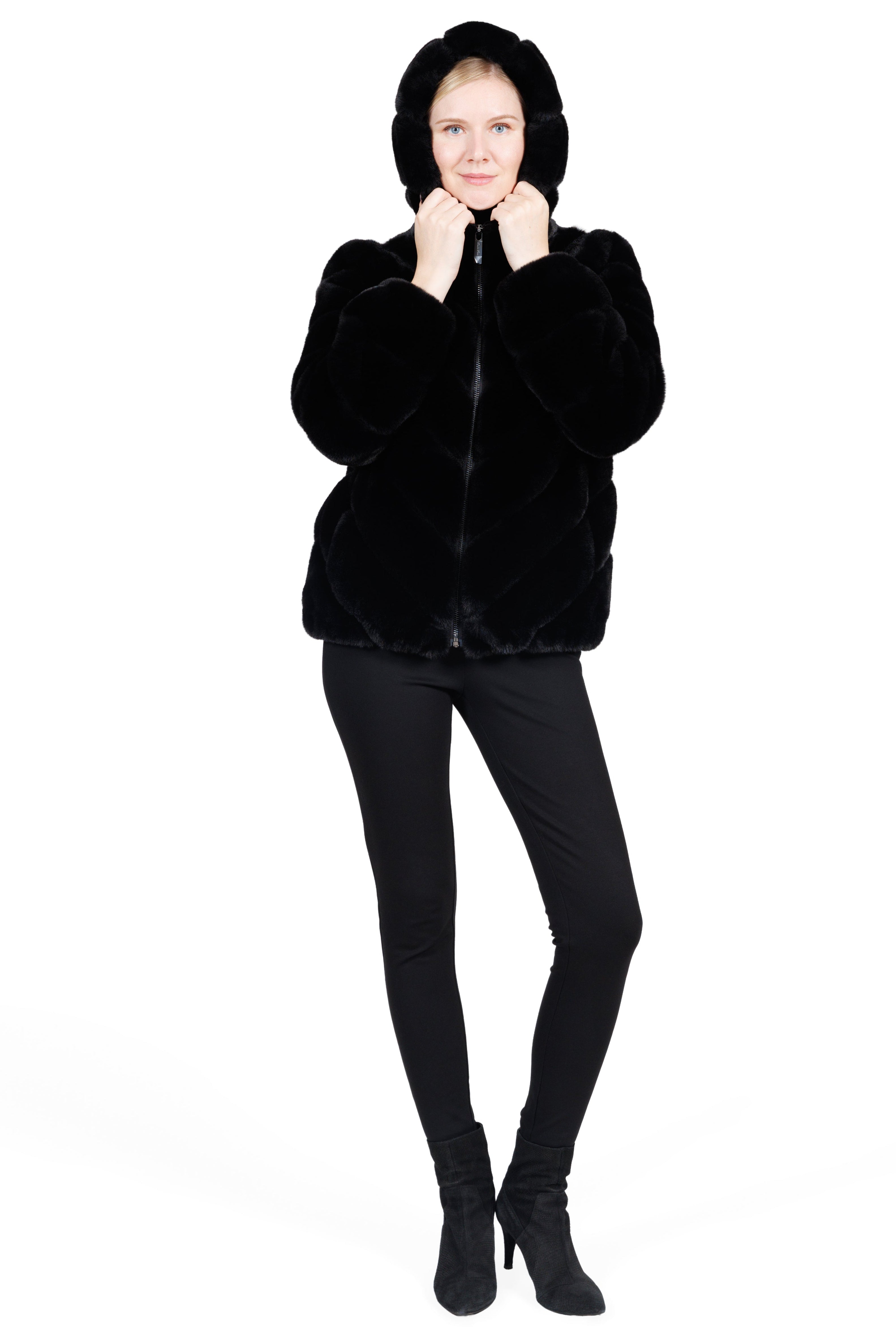 SOHO - Chevron Faux Fur Hooded Jacket