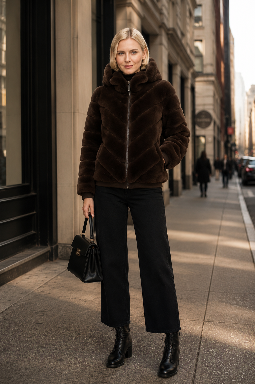 SOHO - Chevron Faux Fur Hooded Jacket