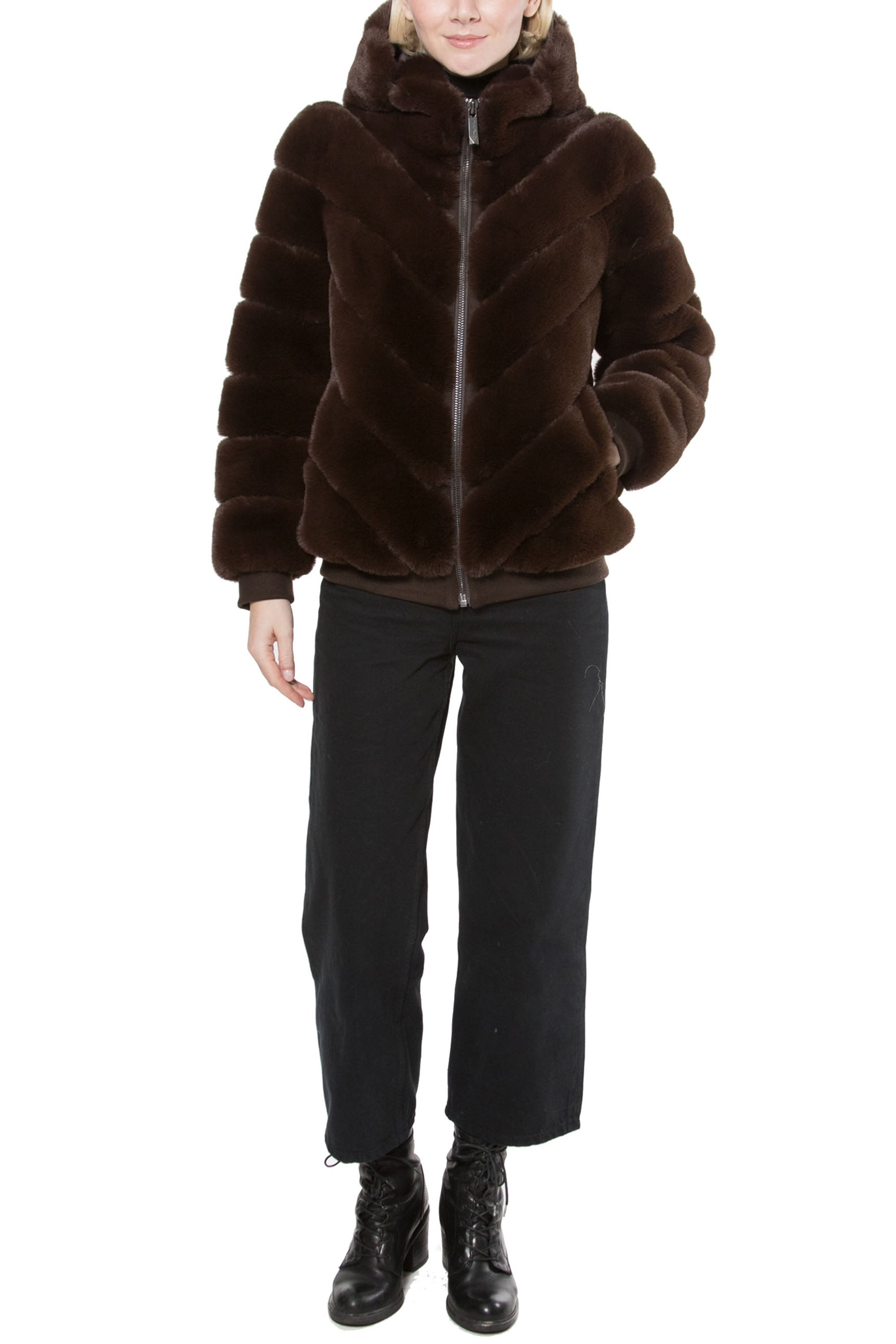 Hooded chevron faux fur coat online