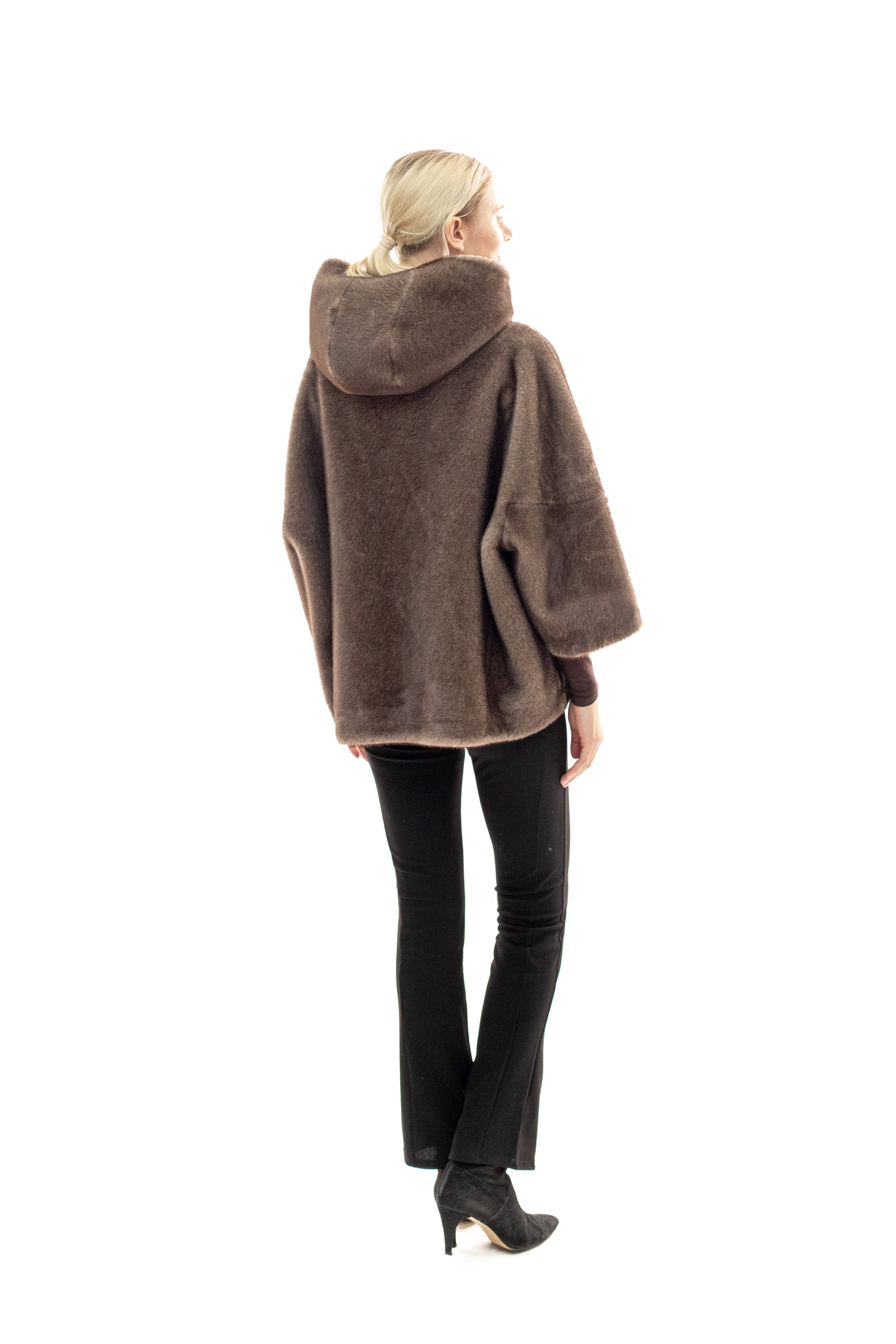 BRAM - Faux mink hooded cape jacket with 3/4 sleeves