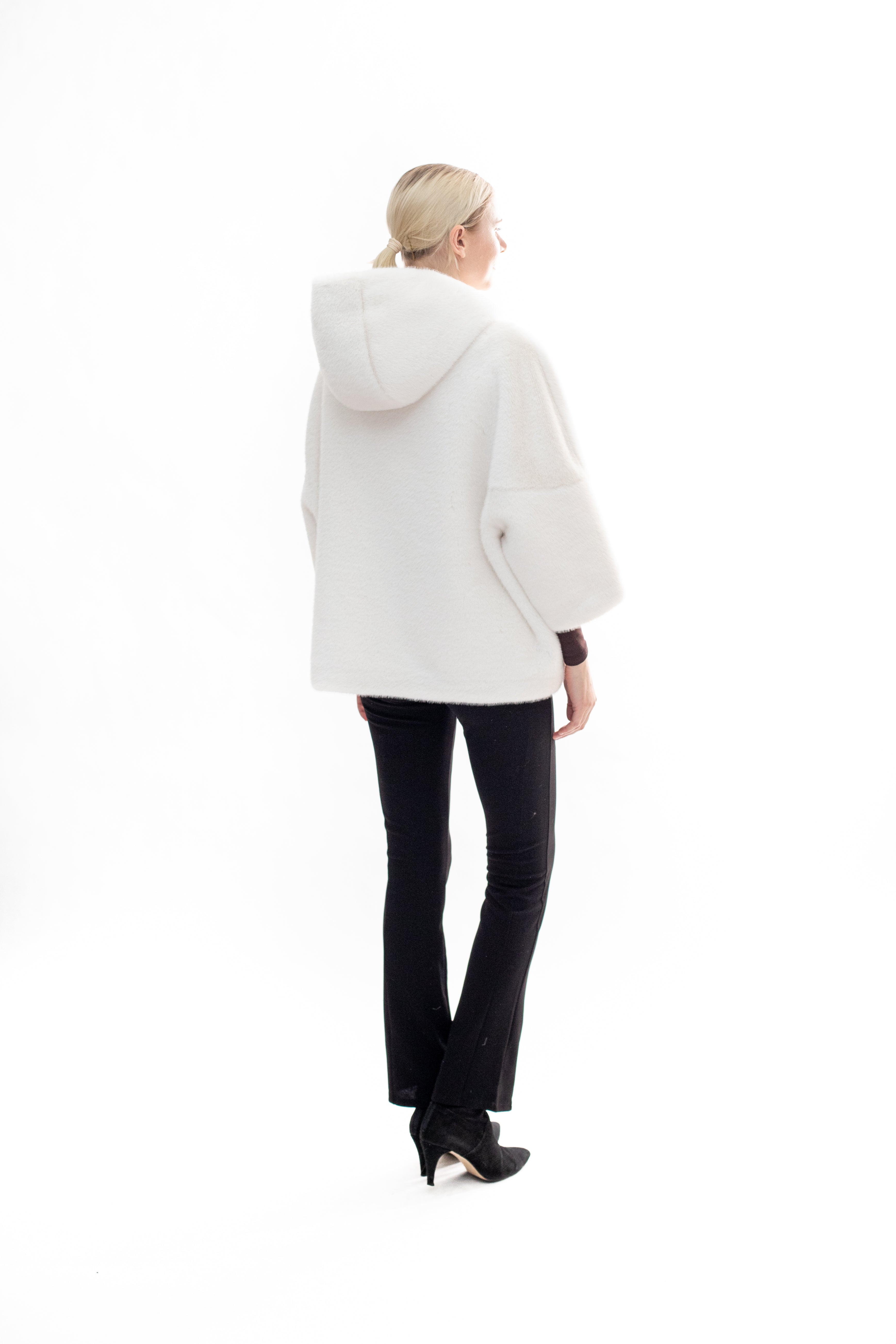 BRAM - Faux mink hooded cape jacket with 3/4 sleeves