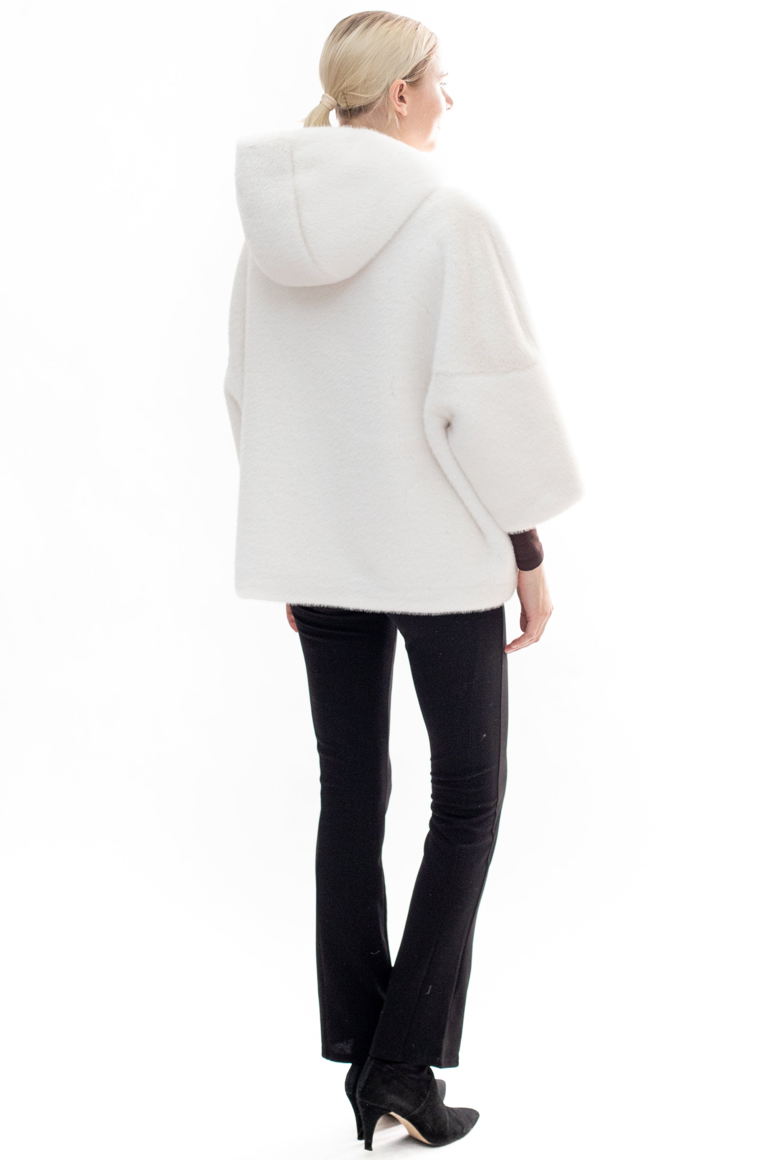 BRAM - Faux mink hooded cape jacket with 3/4 sleeves