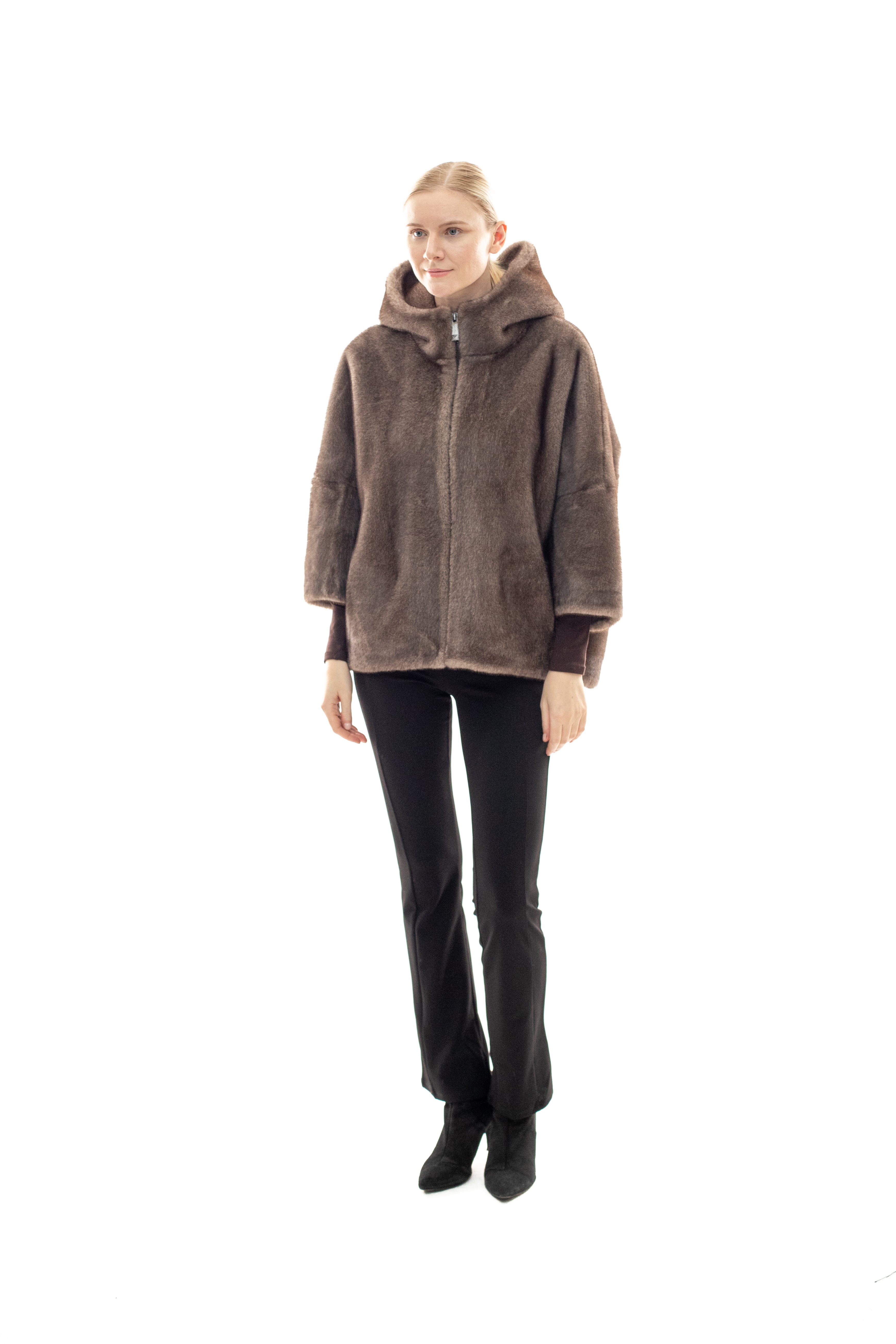 BRAM - Faux mink hooded cape jacket with 3/4 sleeves