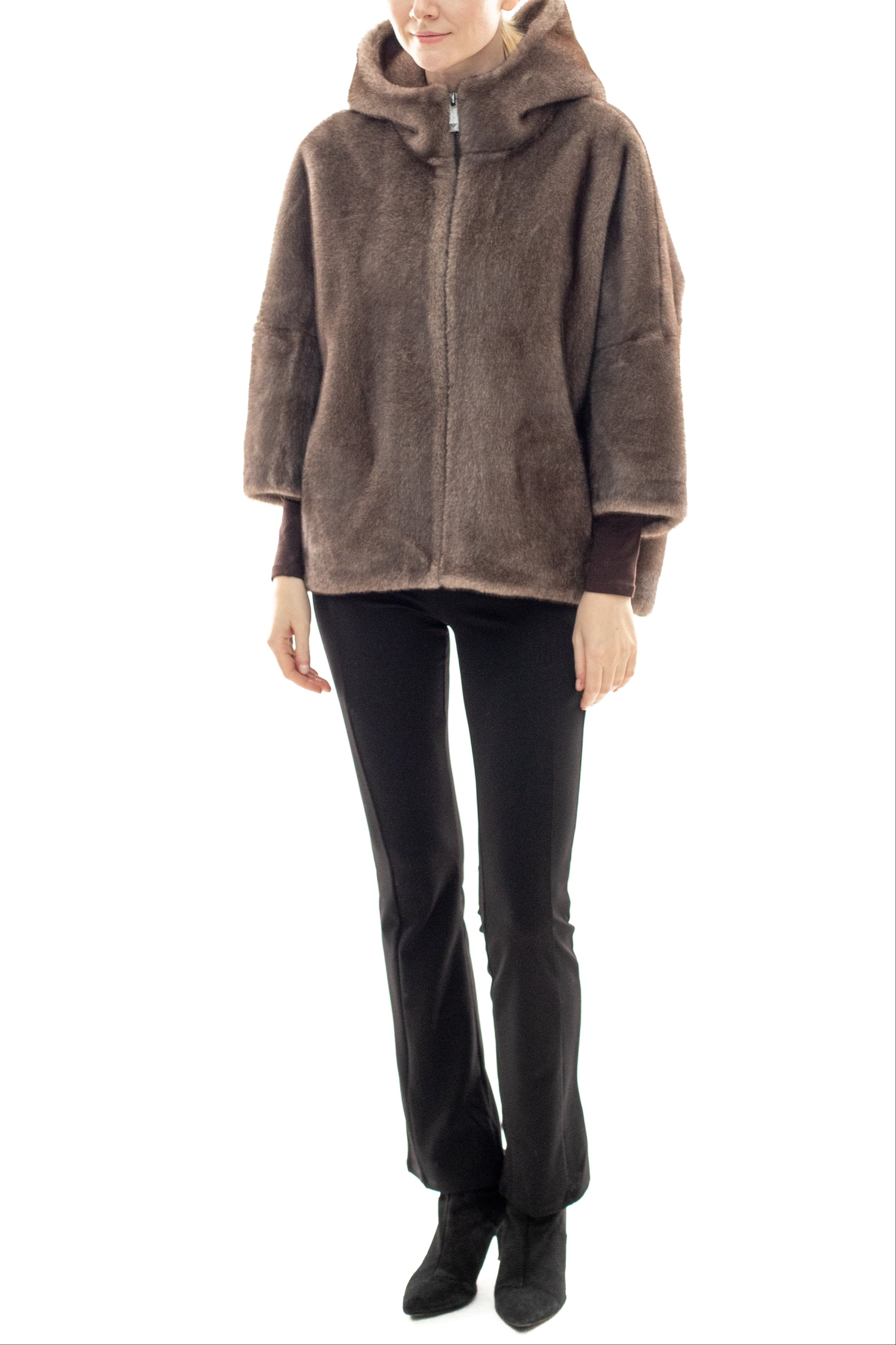 BRAM - Faux mink hooded cape jacket with 3/4 sleeves