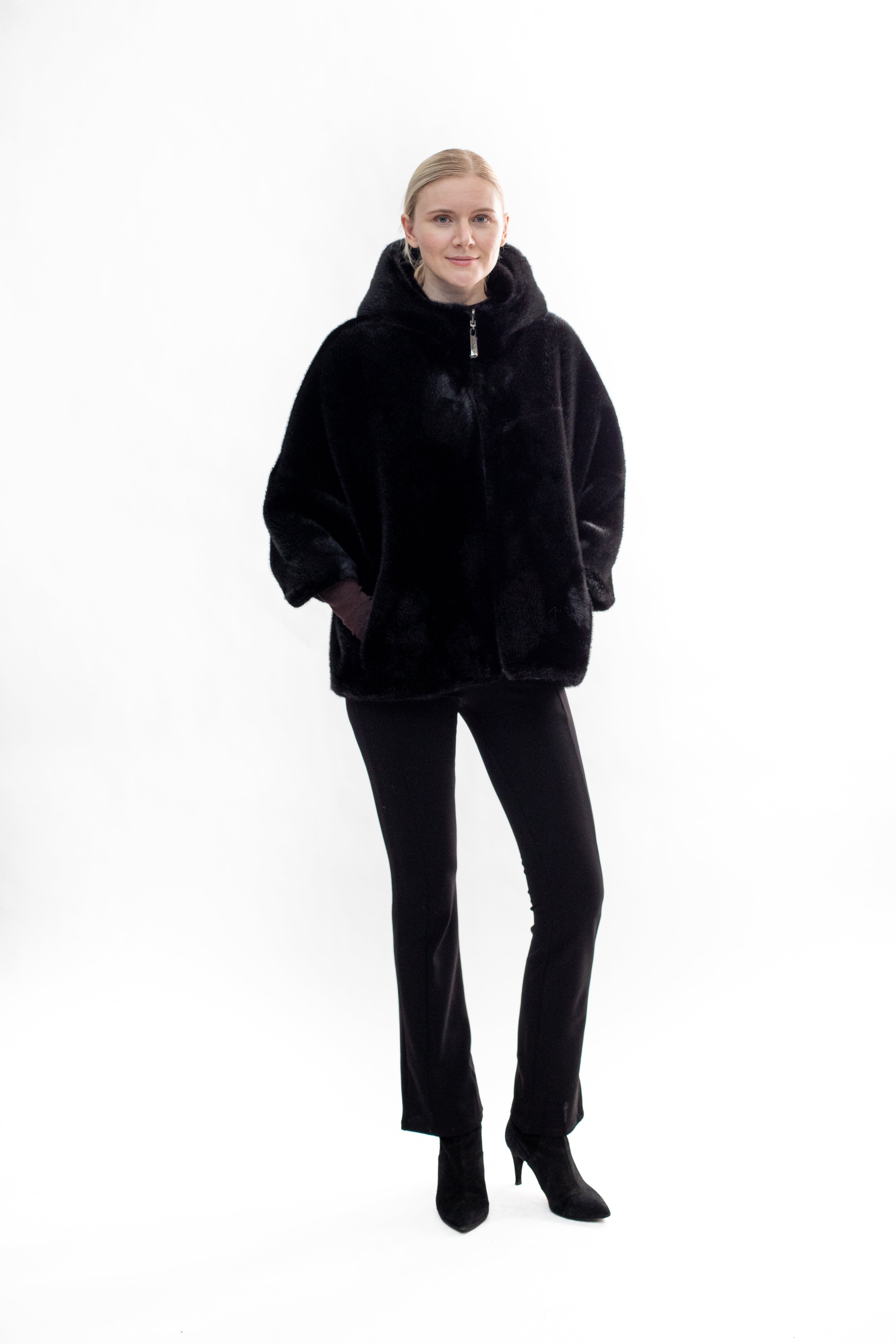 BRAM - Faux mink hooded cape jacket with 3/4 sleeves