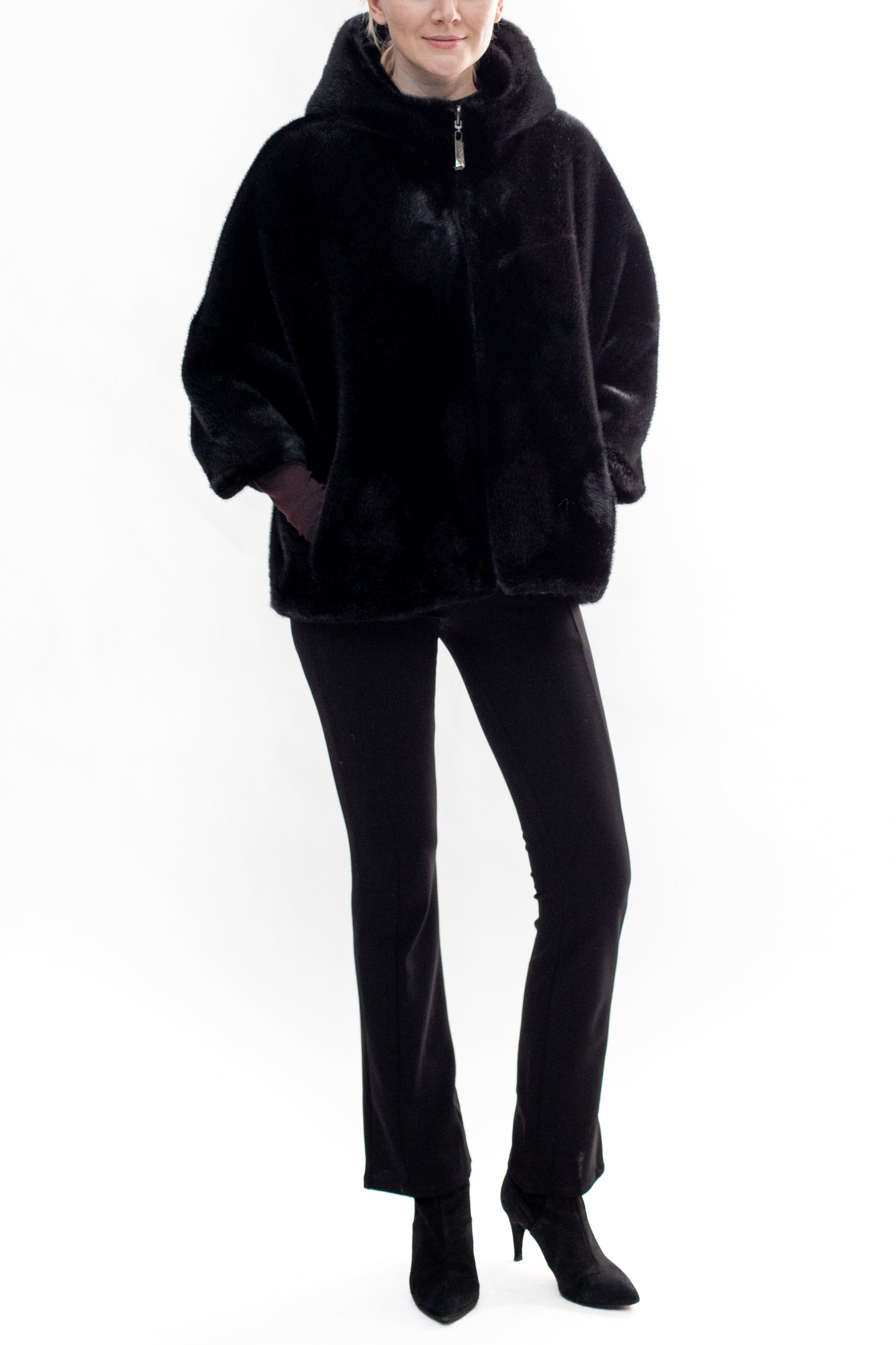 BRAM - Faux mink hooded cape jacket with 3/4 sleeves