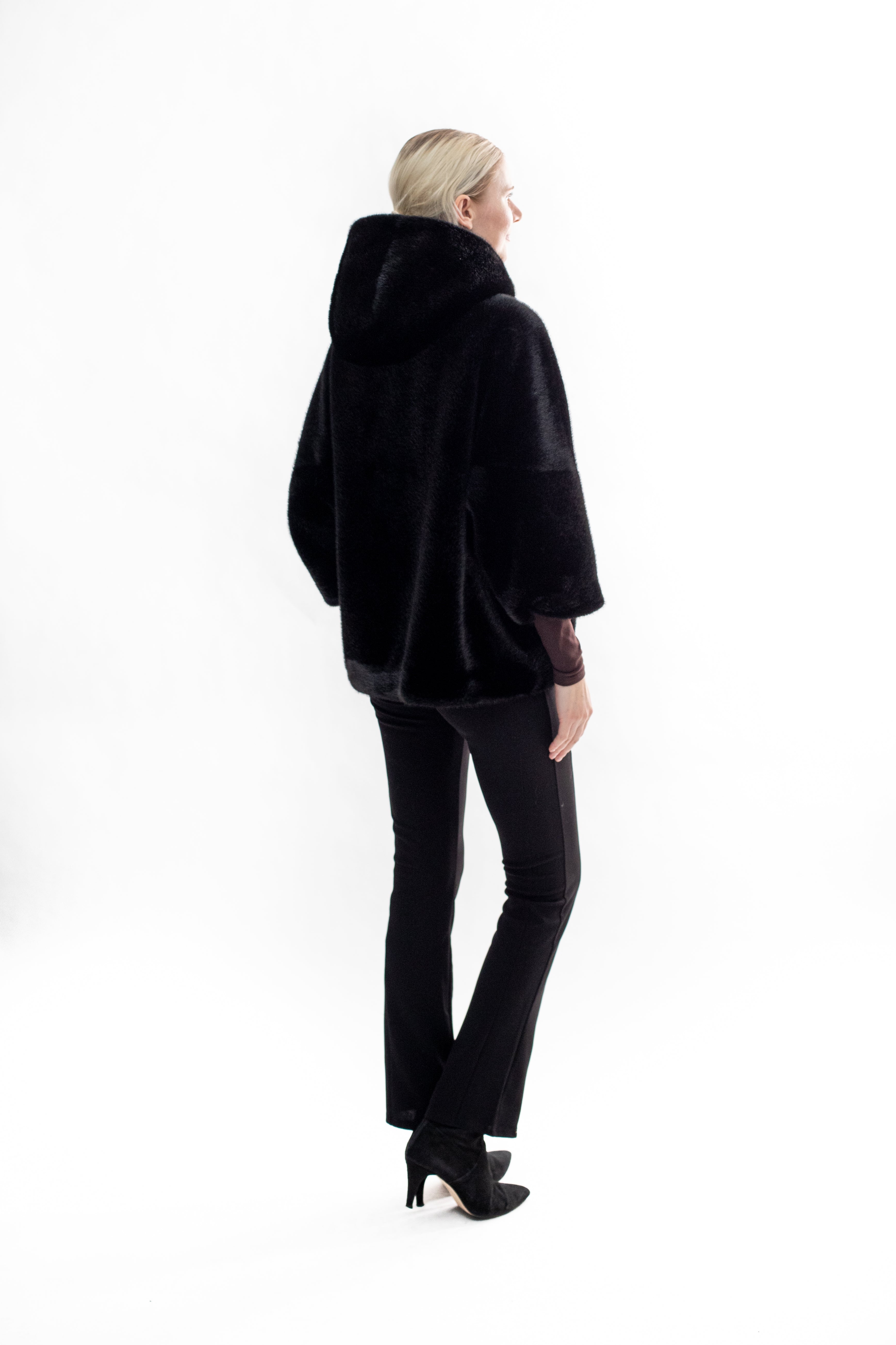 BRAM - Faux mink hooded cape jacket with 3/4 sleeves