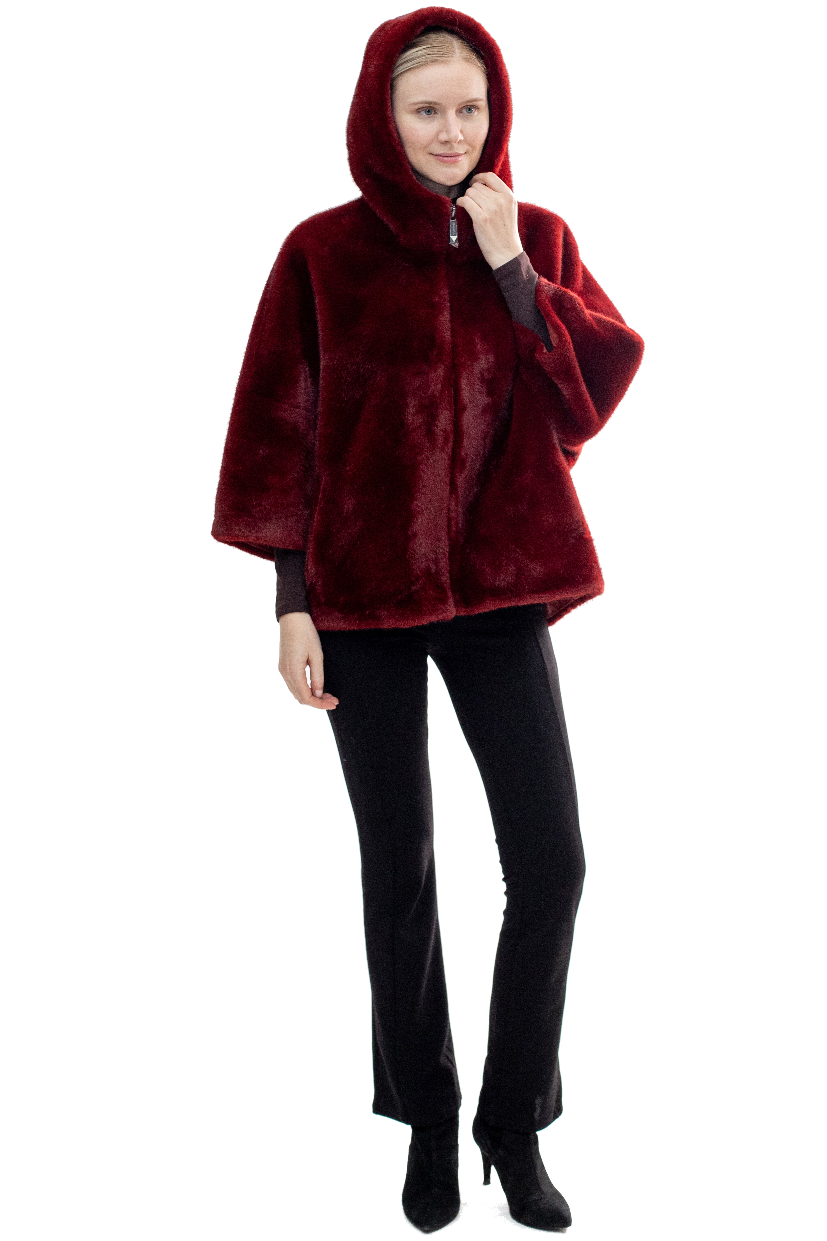 BRAM - Faux mink hooded cape jacket with 3/4 sleeves