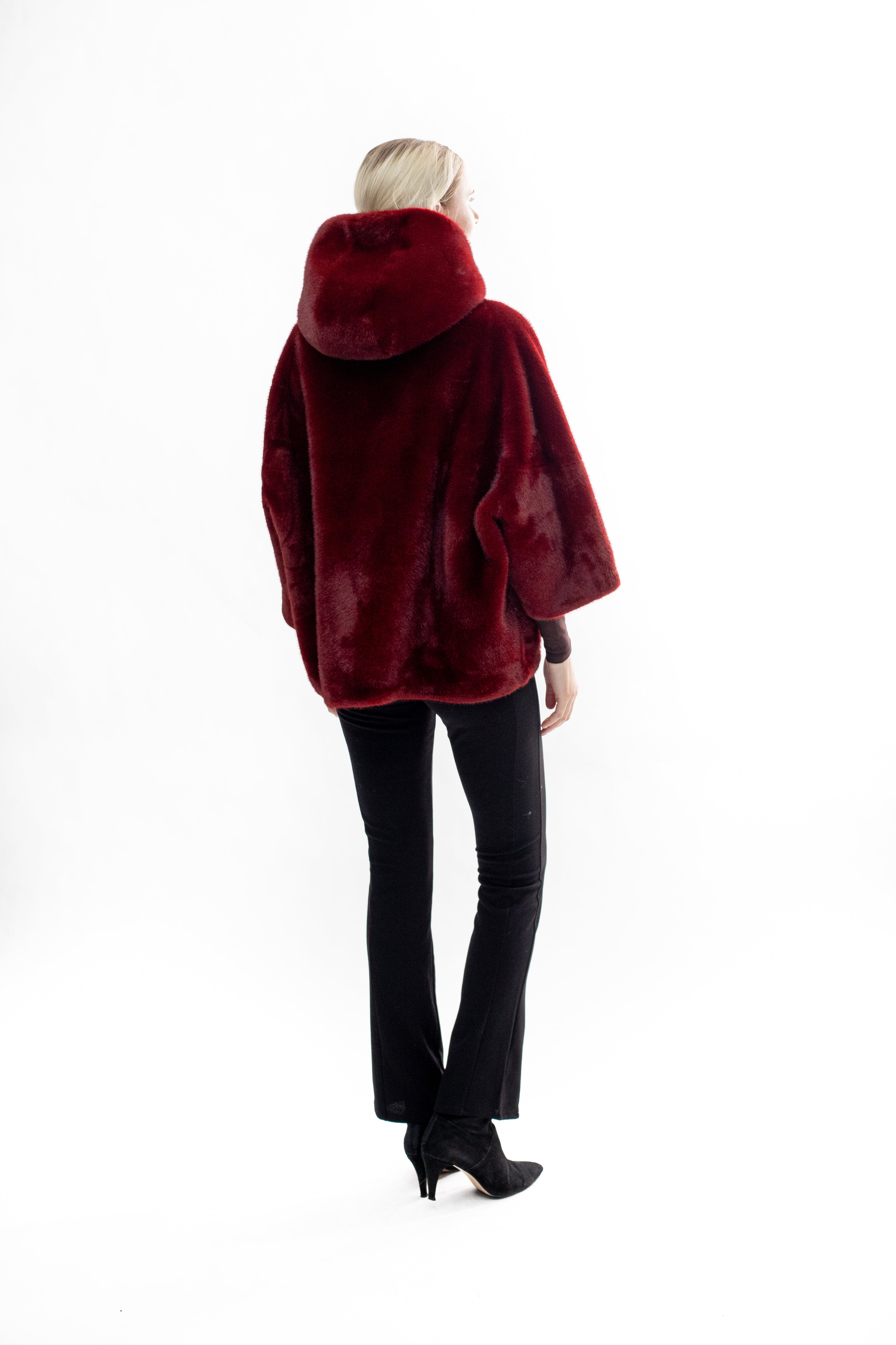 BRAM - Faux mink hooded cape jacket with 3/4 sleeves