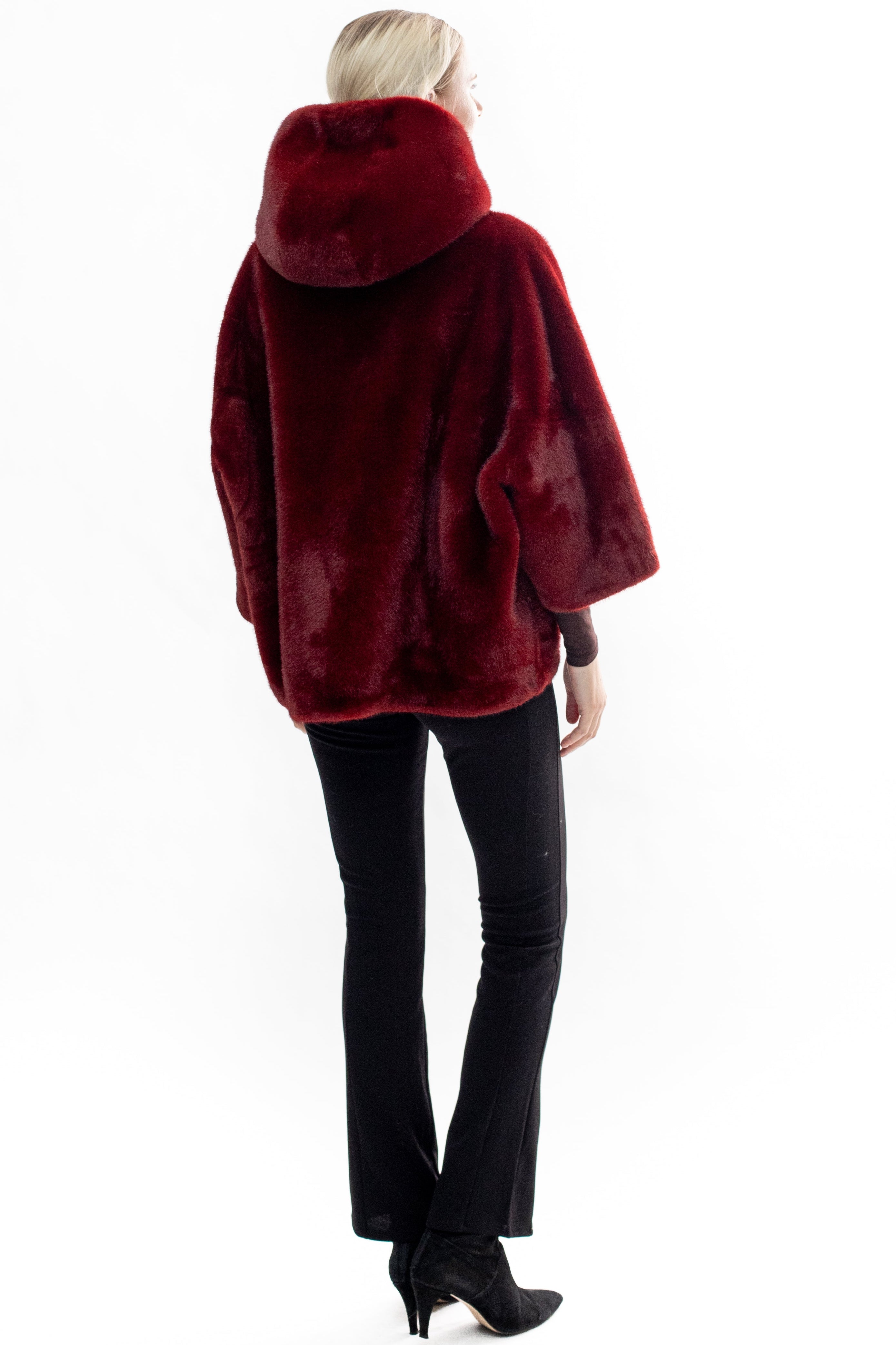 BRAM - Faux mink hooded cape jacket with 3/4 sleeves