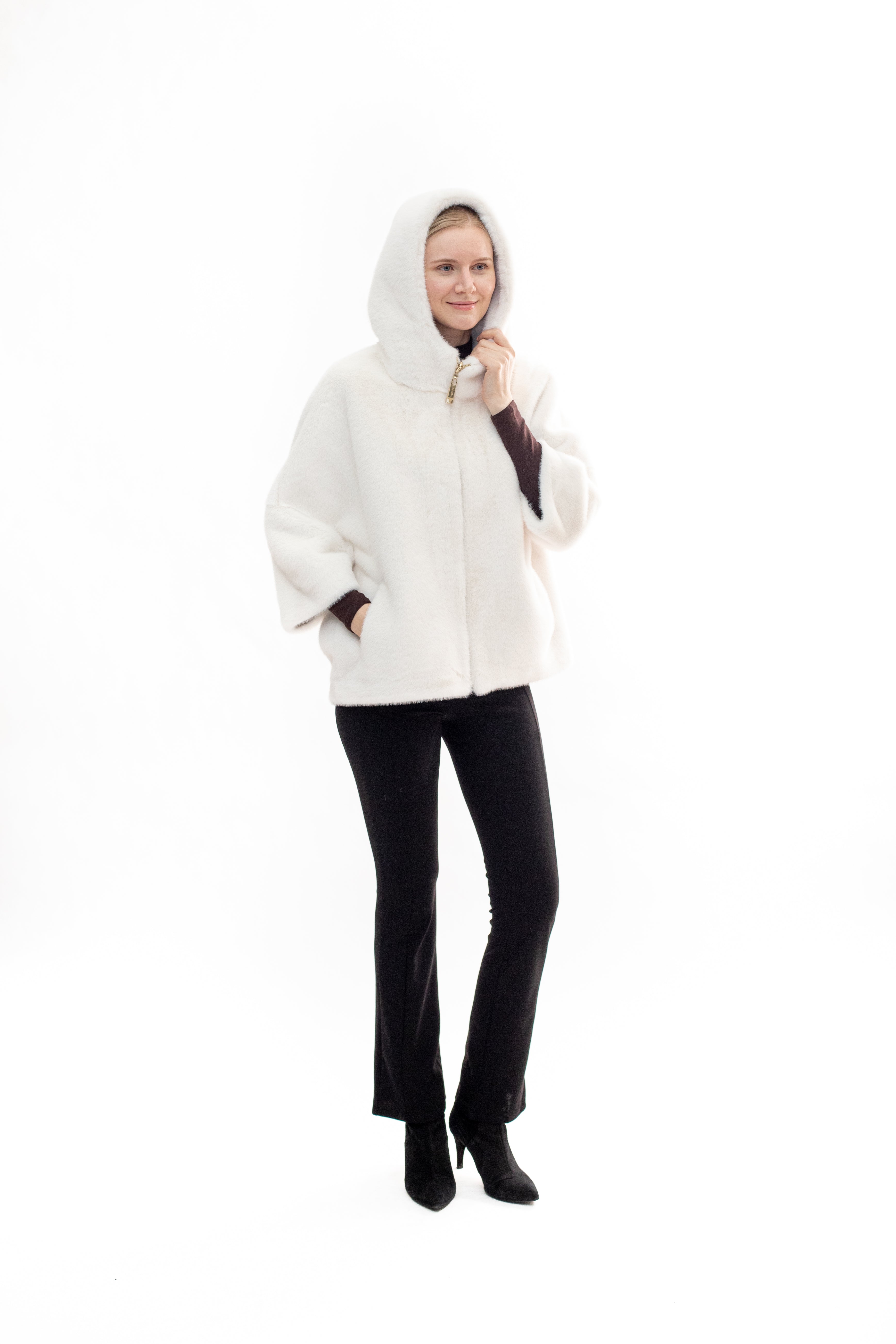 BRAM - Faux mink hooded cape jacket with 3/4 sleeves