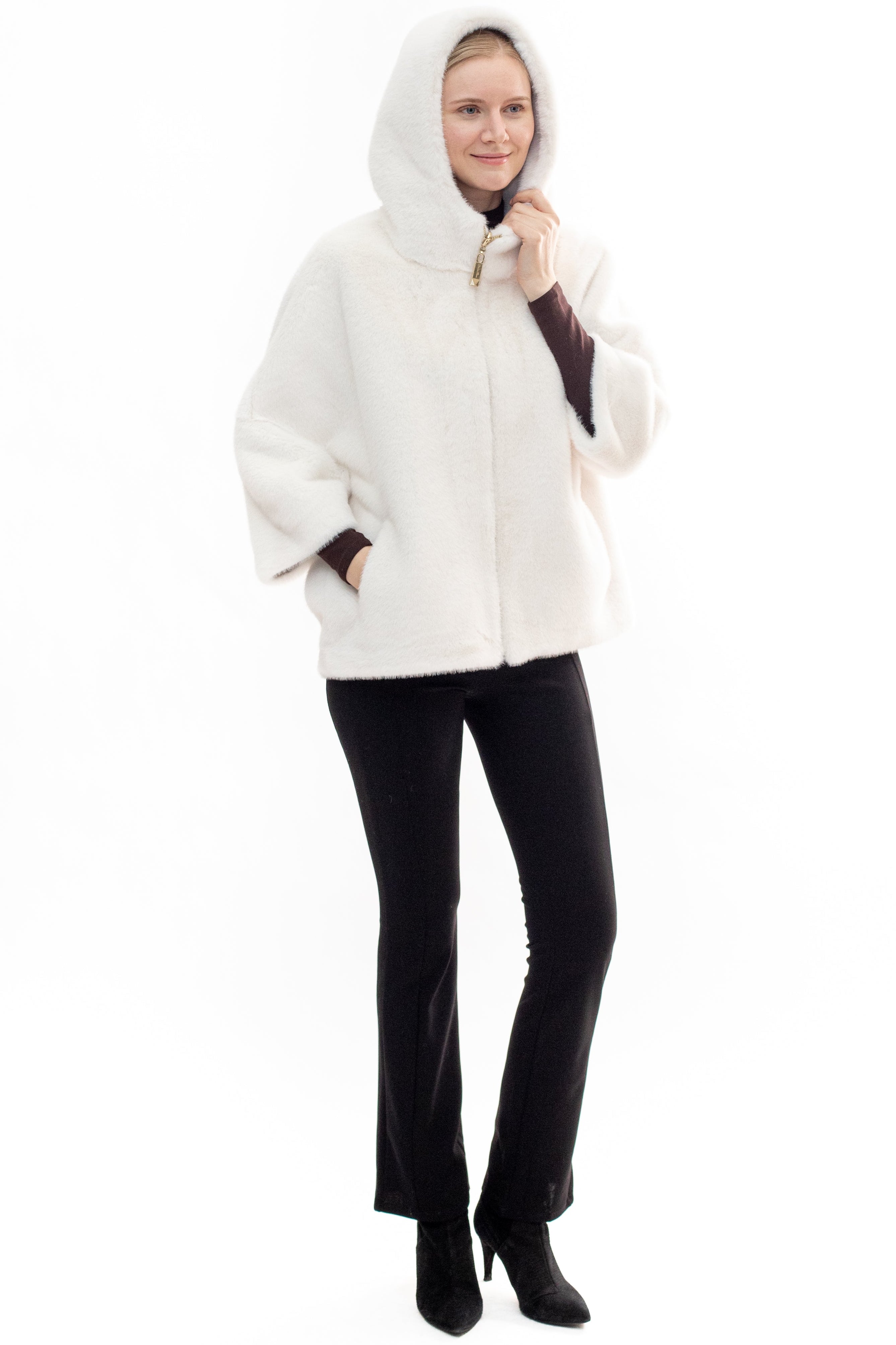 BRAM - Faux mink hooded cape jacket with 3/4 sleeves