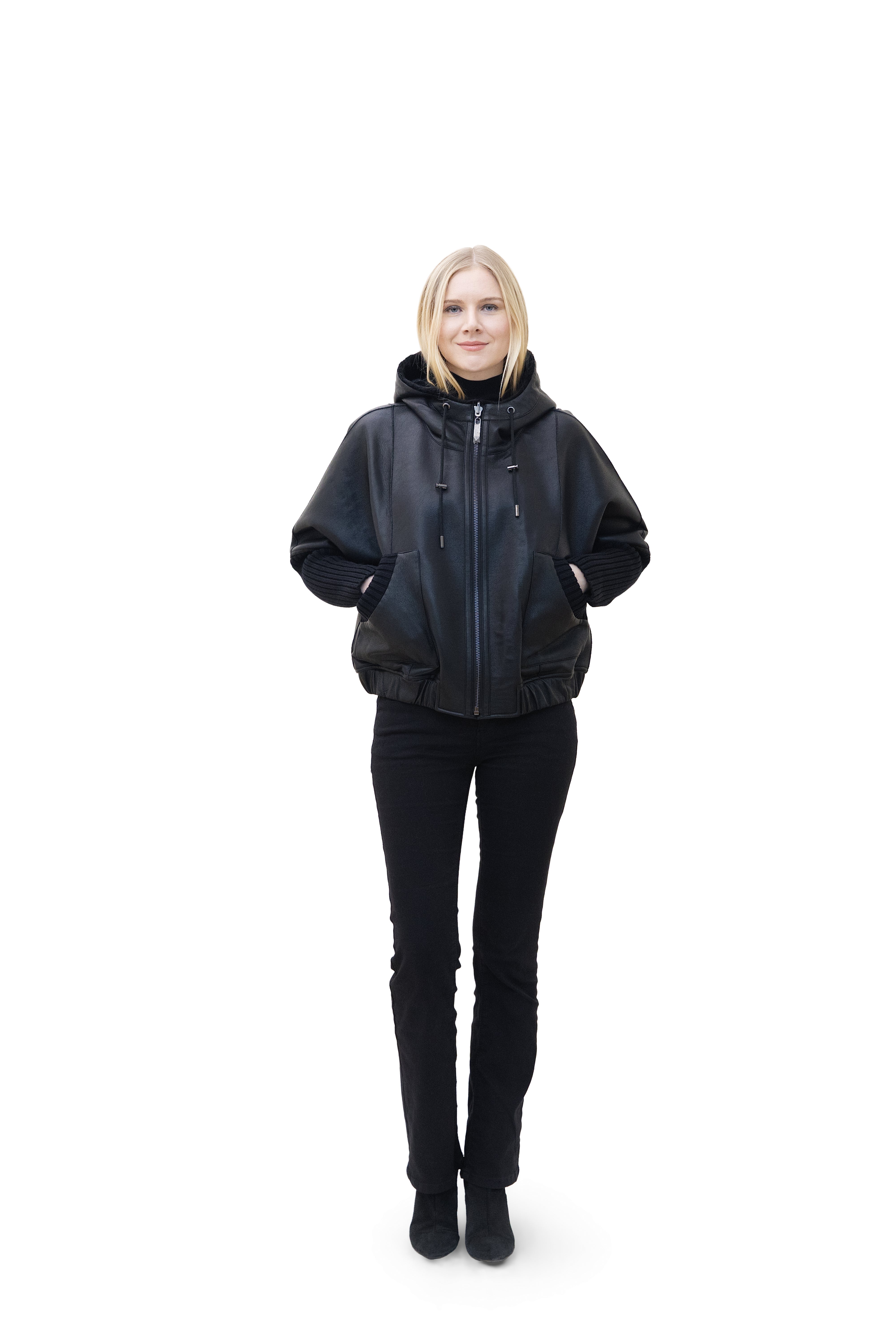 Monaco- Reversible Hooded Faux Fur Bomber Jacket with Ribbed Knit Sleeves