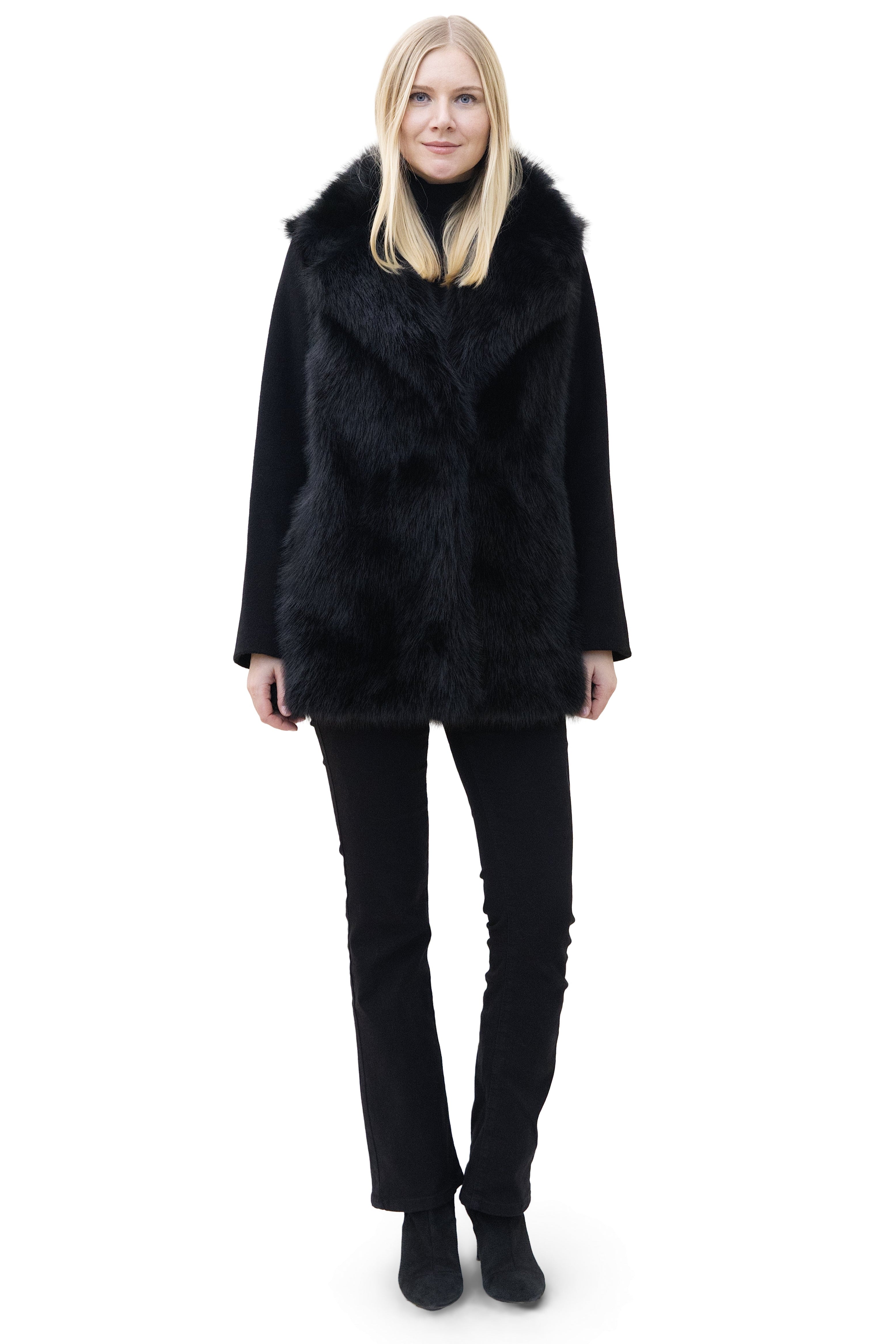 Megeve- Faux Fox Coat with Wool Sleeves