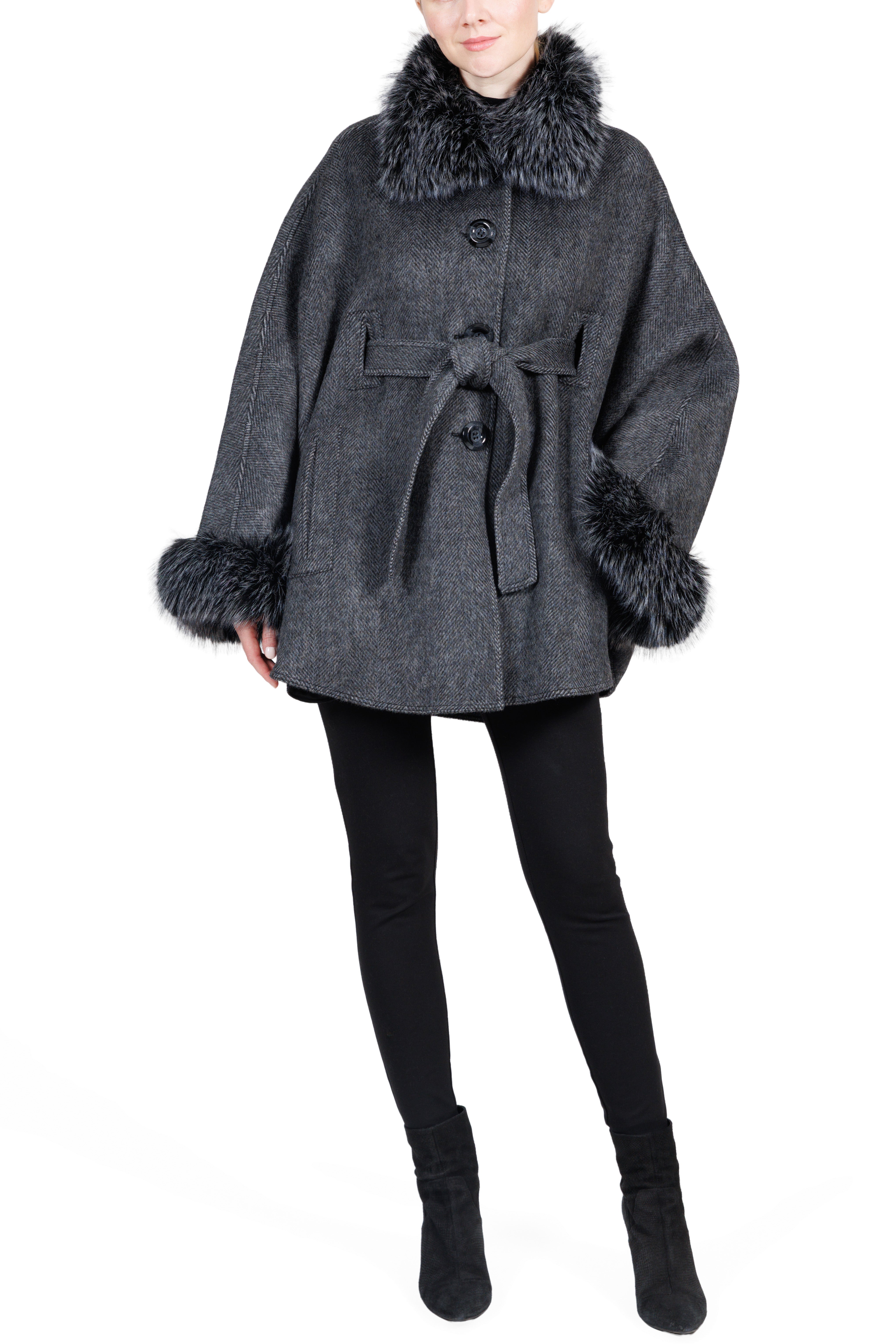 milan - Tweed Cape Coat with Faux Fur Trim