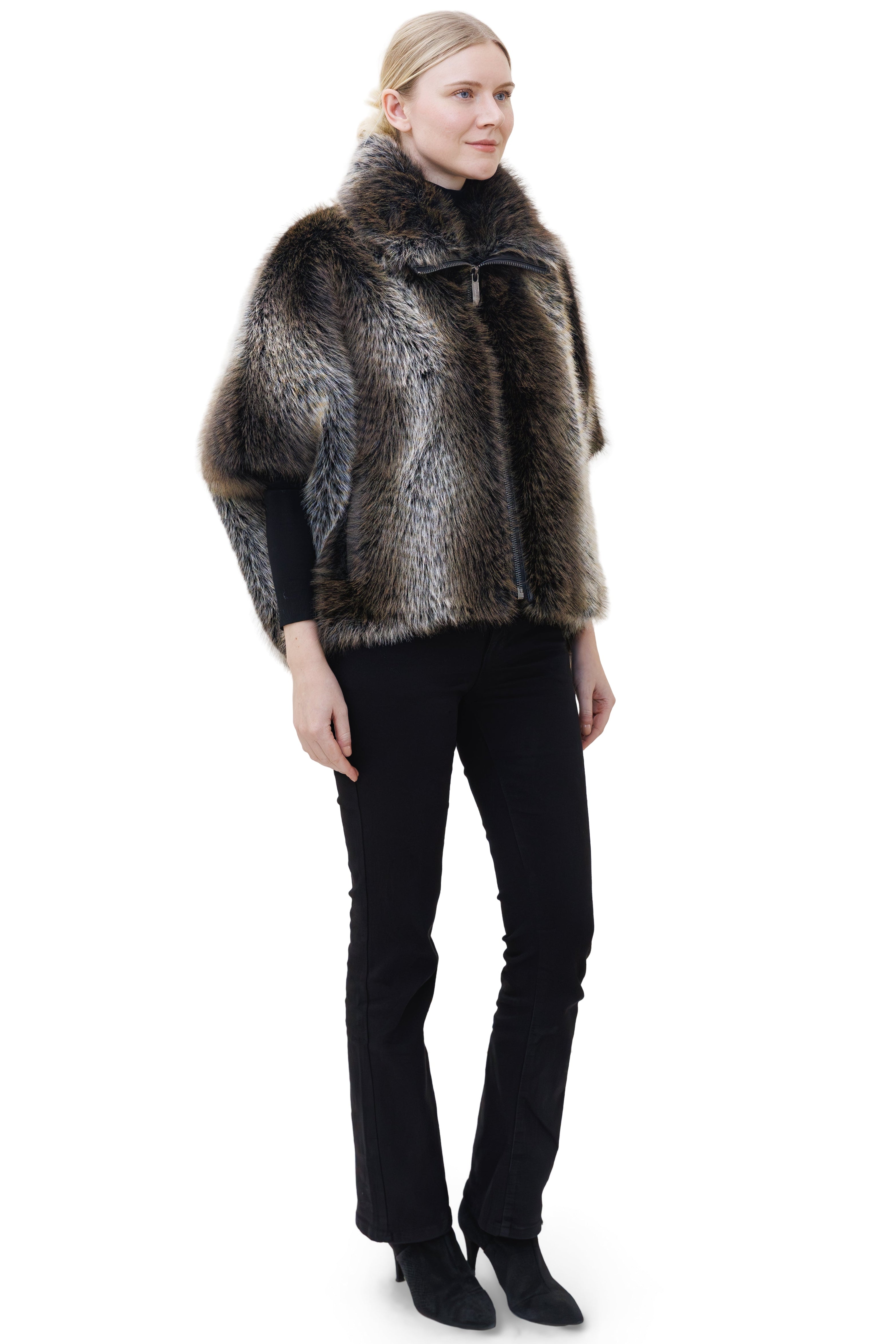 Greenwich- Faux Fox Zip-Front Cape