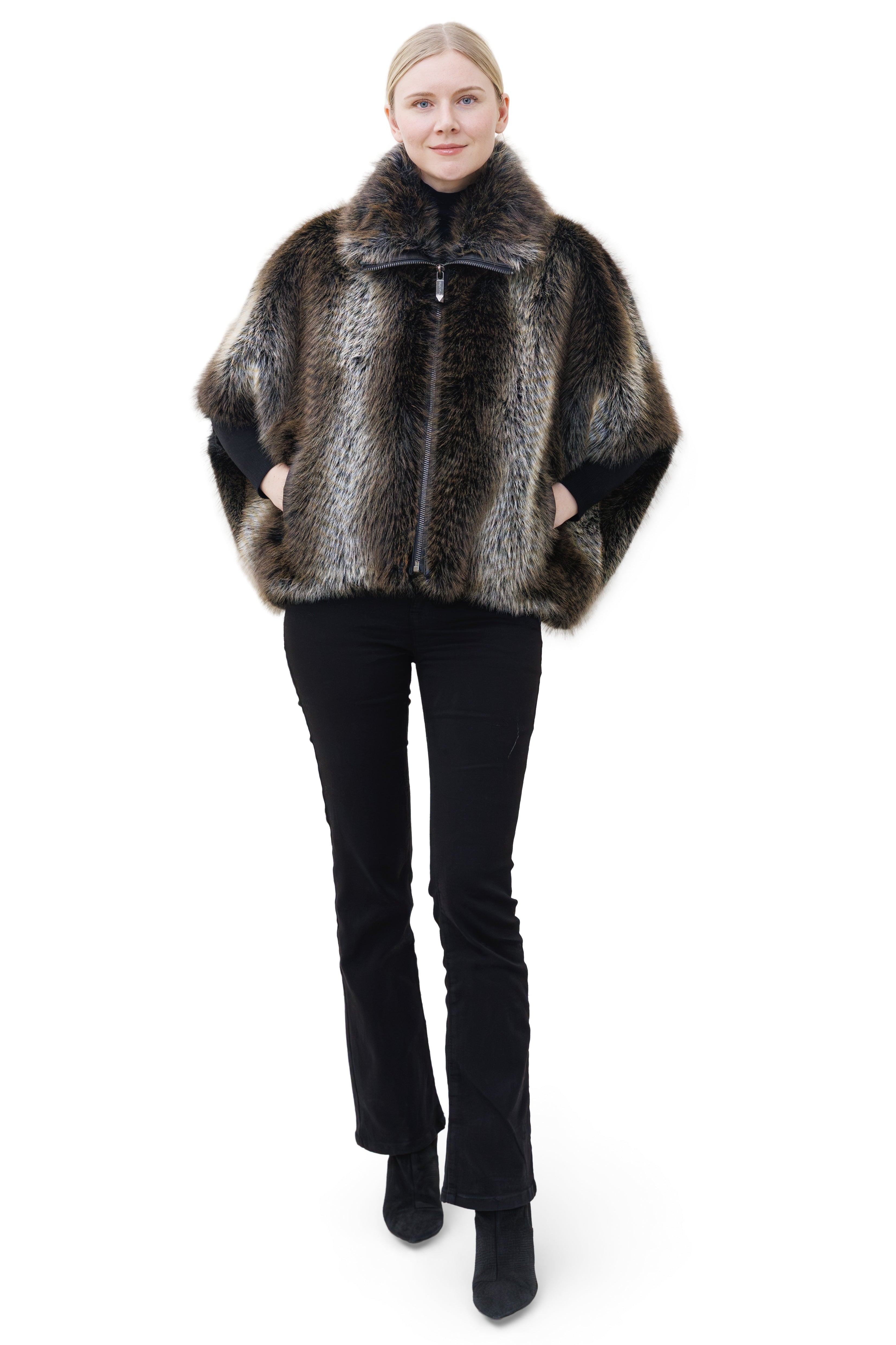 Greenwich- Faux Fox Zip-Front Cape
