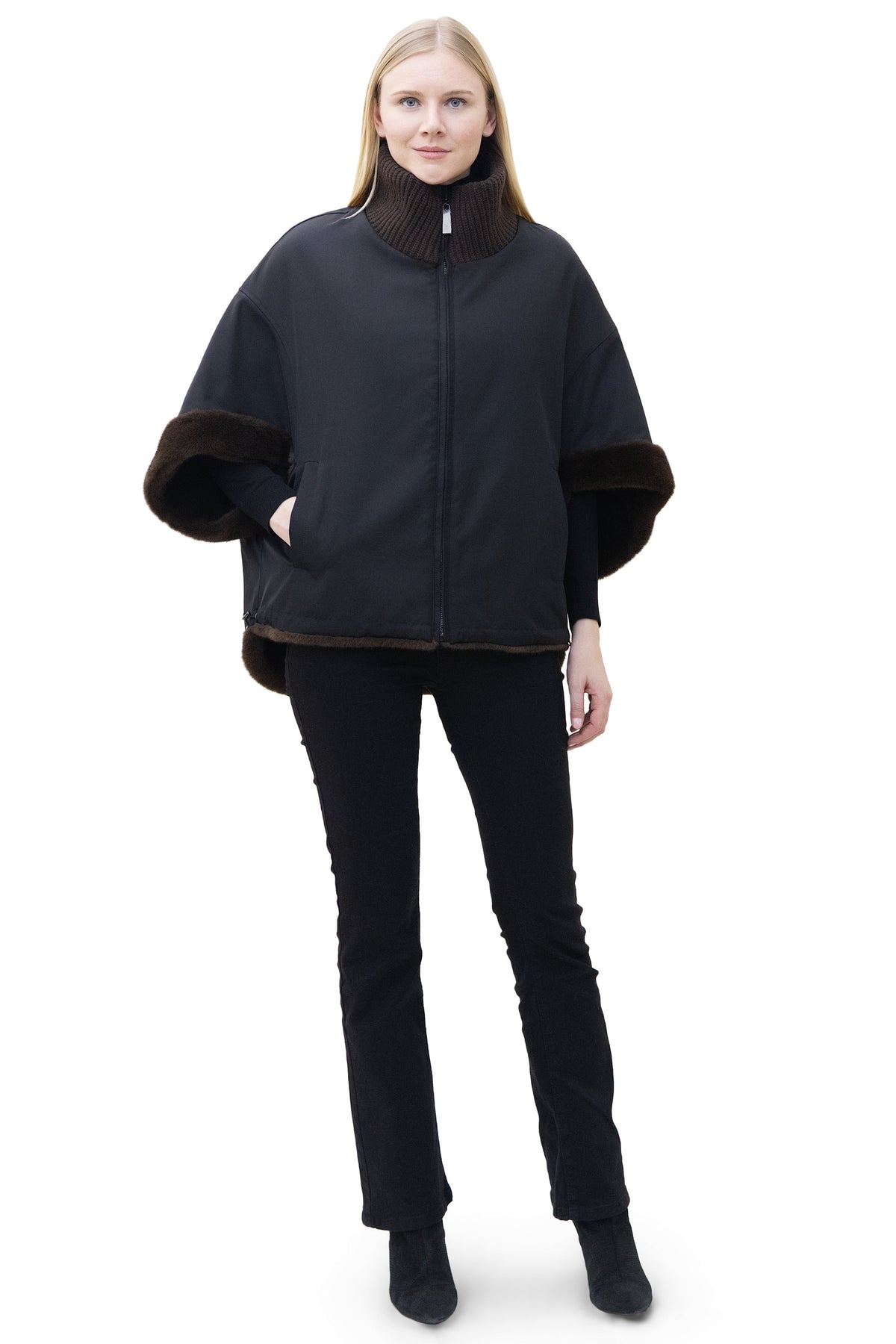 Sunnydale - Reversible Faux Mink Cape Jacket with Ribbed Collar