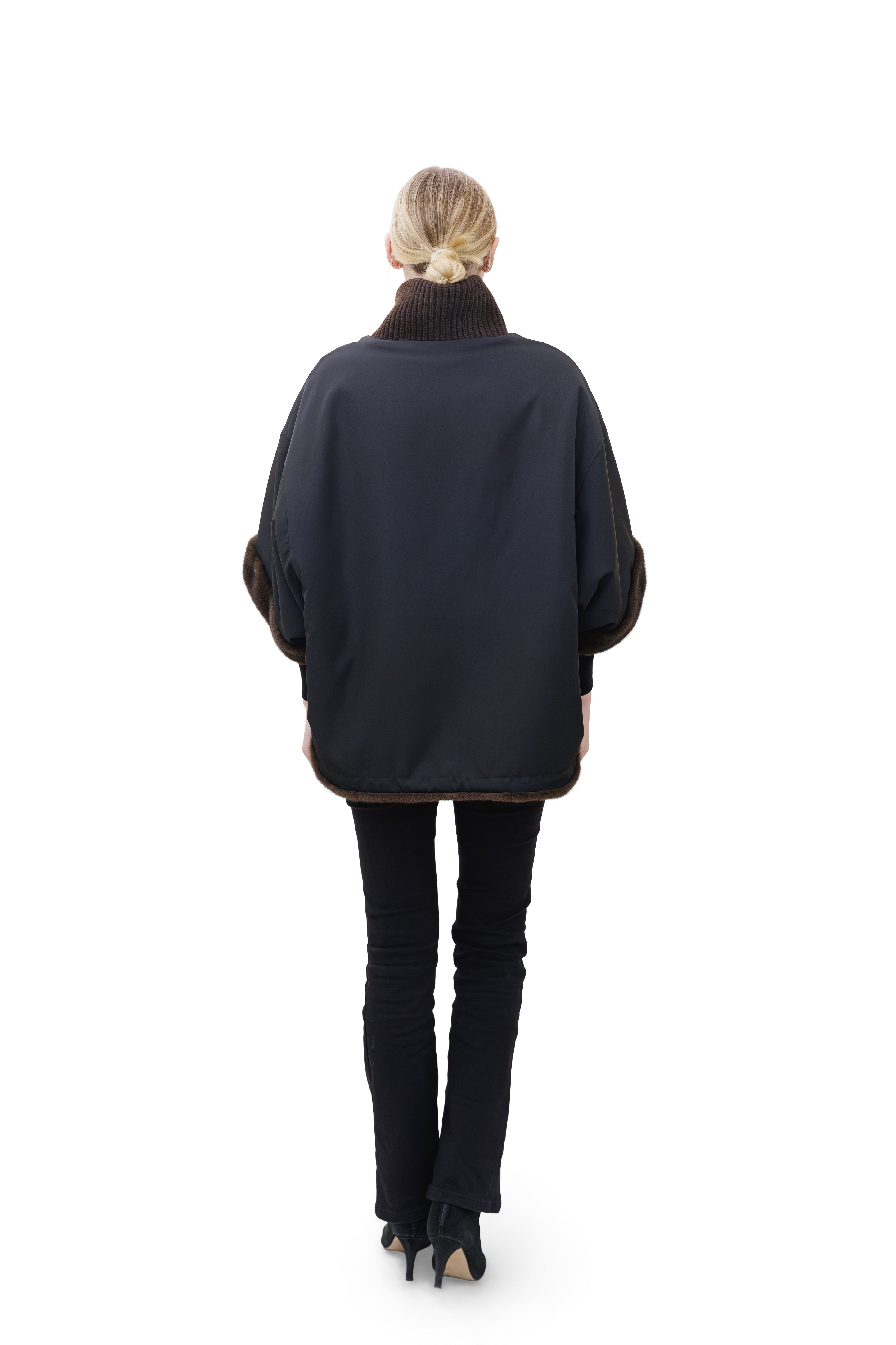 Sunnydale - Reversible Faux Mink Cape Jacket with Ribbed Collar