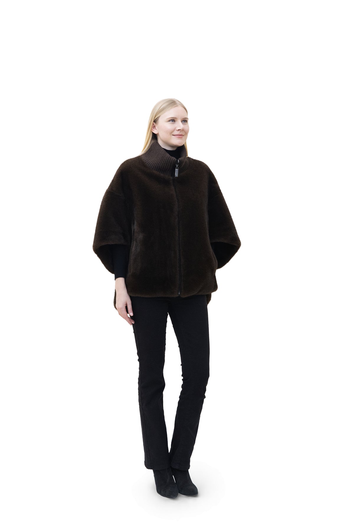 Sunnydale - Reversible Faux Mink Cape Jacket with Ribbed Collar