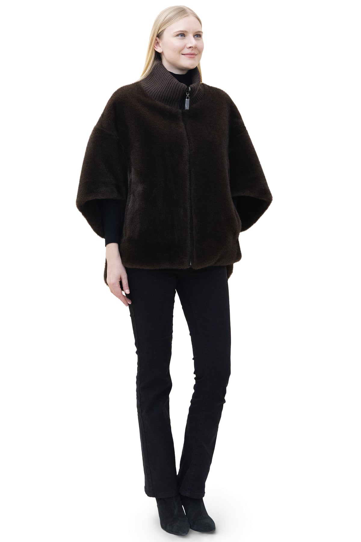 Sunnydale - Reversible Faux Mink Cape Jacket with Ribbed Collar