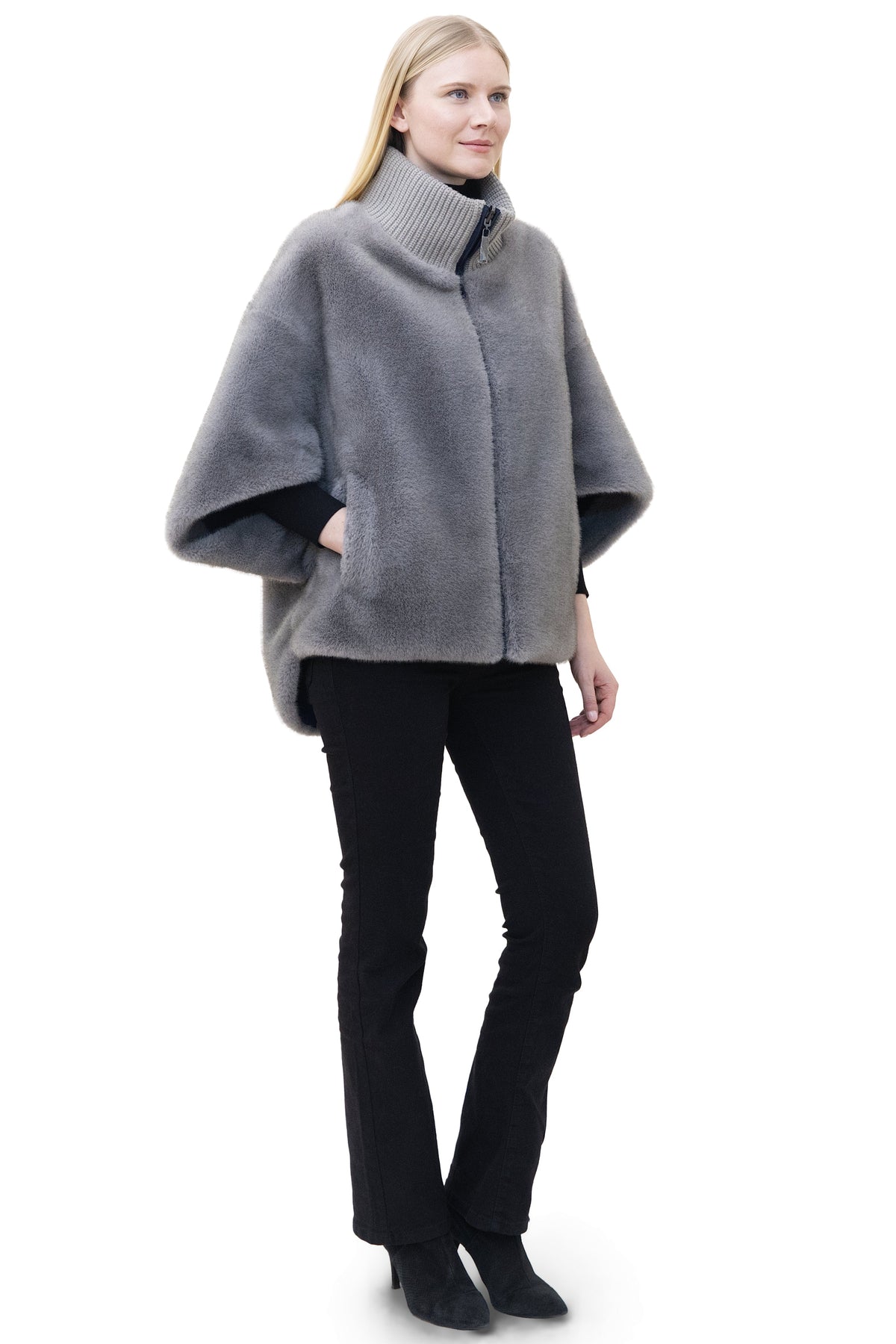 Sunnydale - Reversible Faux Mink Cape Jacket with Ribbed Collar