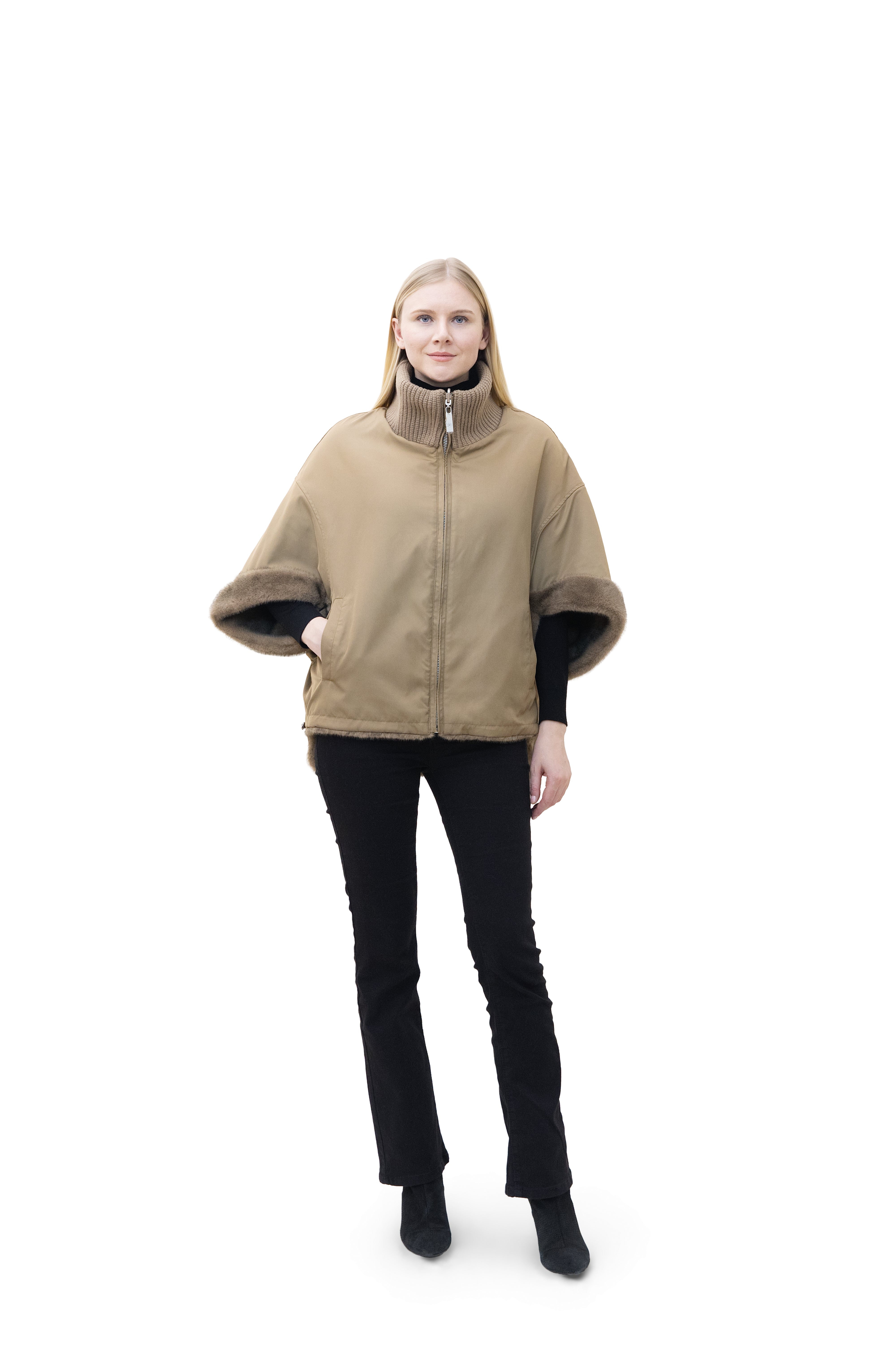 Sunnydale - Reversible Faux Mink Cape Jacket with Ribbed Collar
