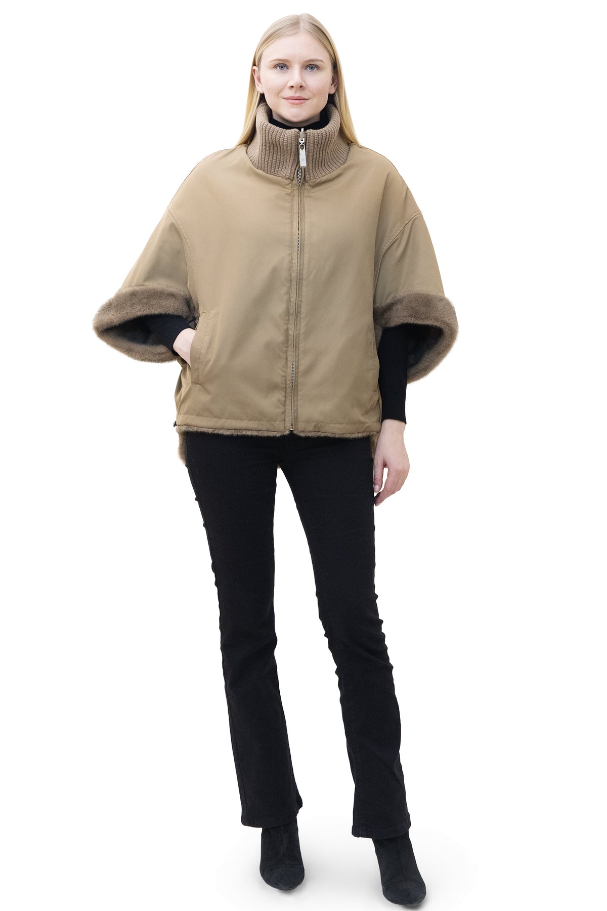 Sunnydale - Reversible Faux Mink Cape Jacket with Ribbed Collar
