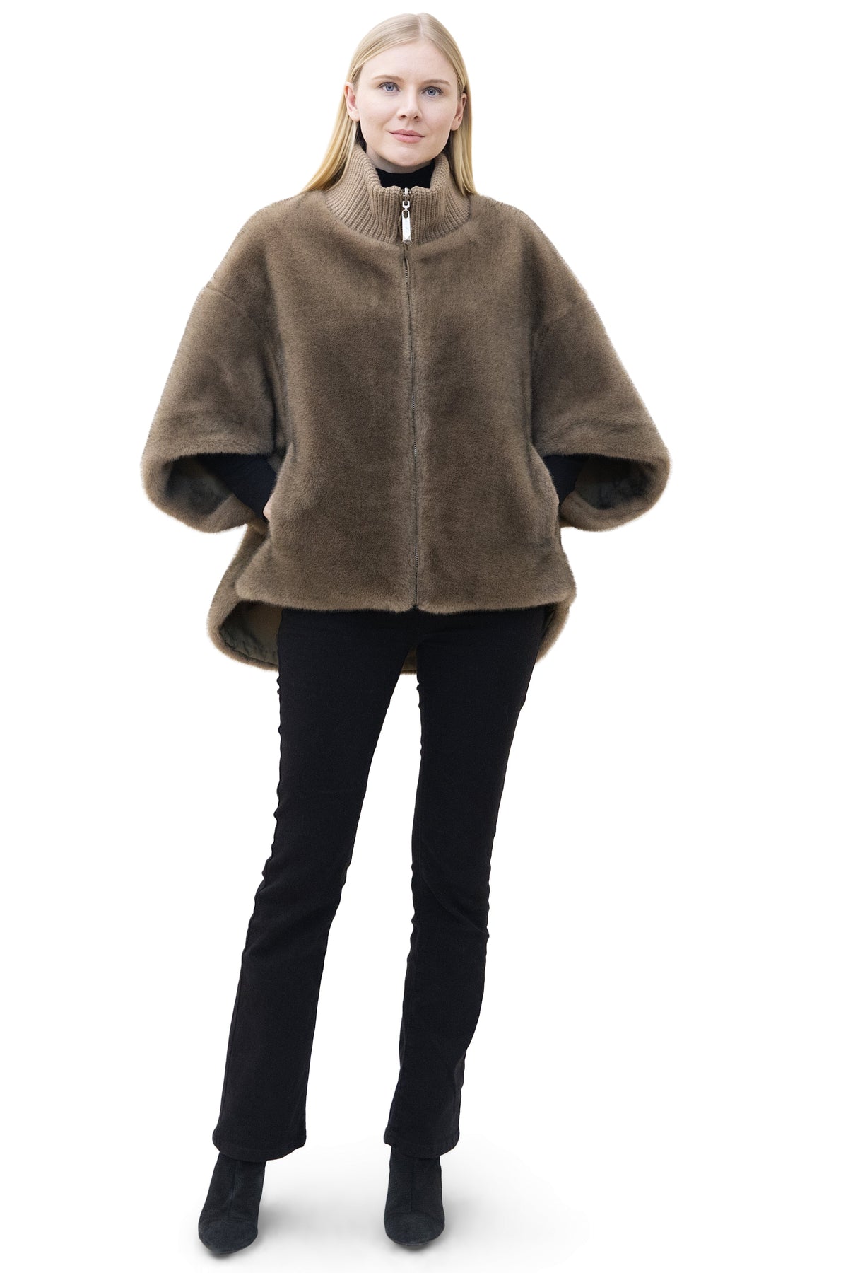 Sunnydale - Reversible Faux Mink Cape Jacket with Ribbed Collar