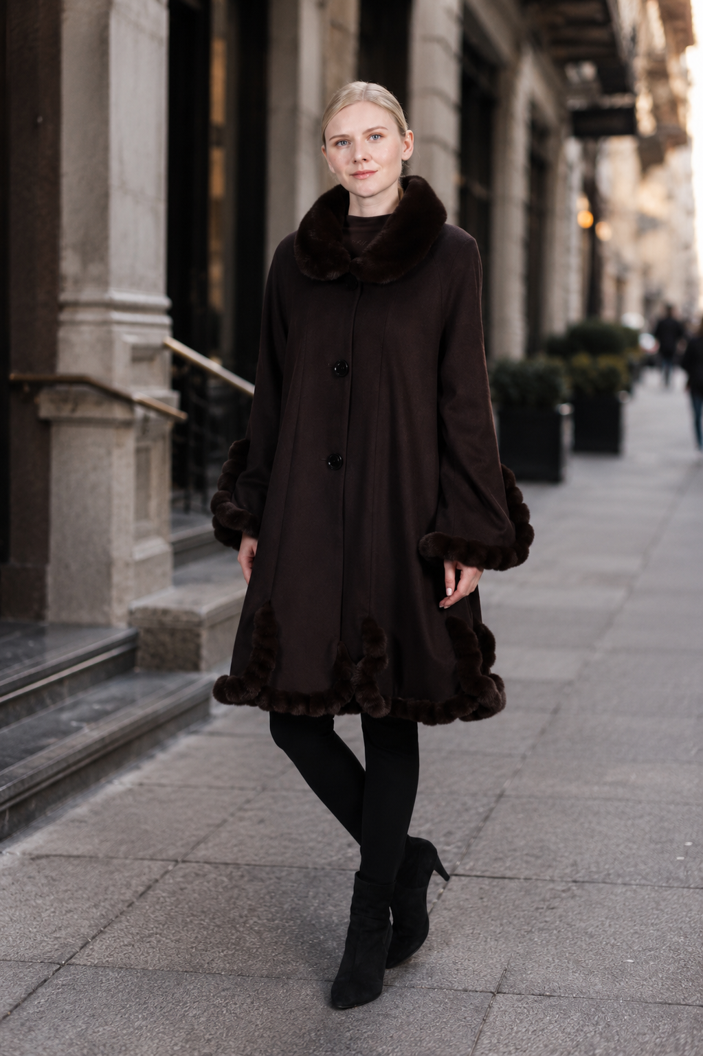 Zermatt- Cashmere Swing Stroller Coat with Faux Mink Trim