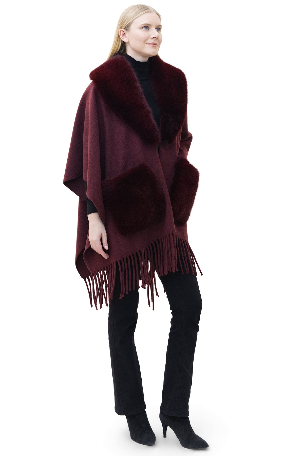 Biarritz- Ultra-Fine Wool Cape with Faux Fur Collar & Pockets