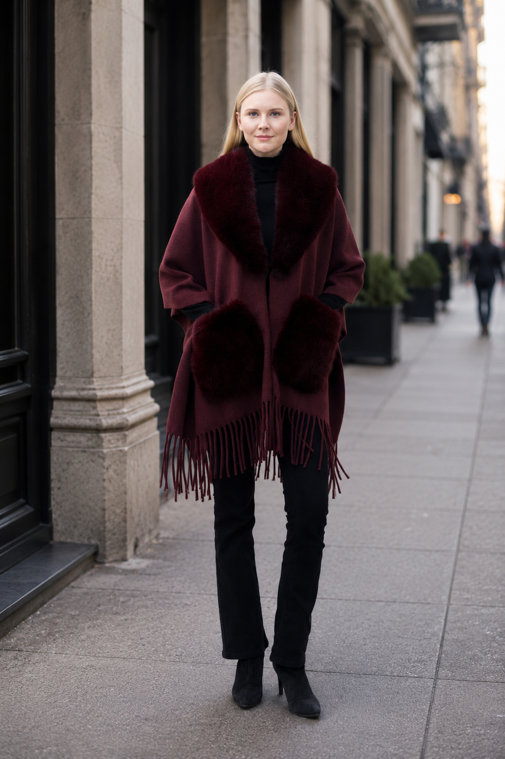 Biarritz- Ultra-Fine Wool Cape with Faux Fur Collar & Pockets