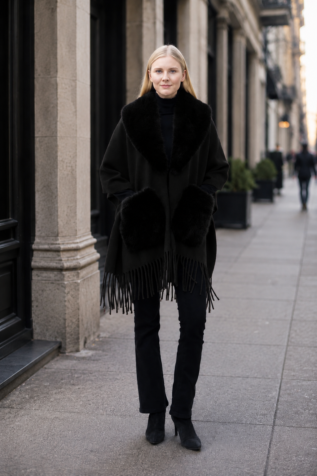 Biarritz- Ultra-Fine Wool Cape with Faux Fur Collar & Pockets