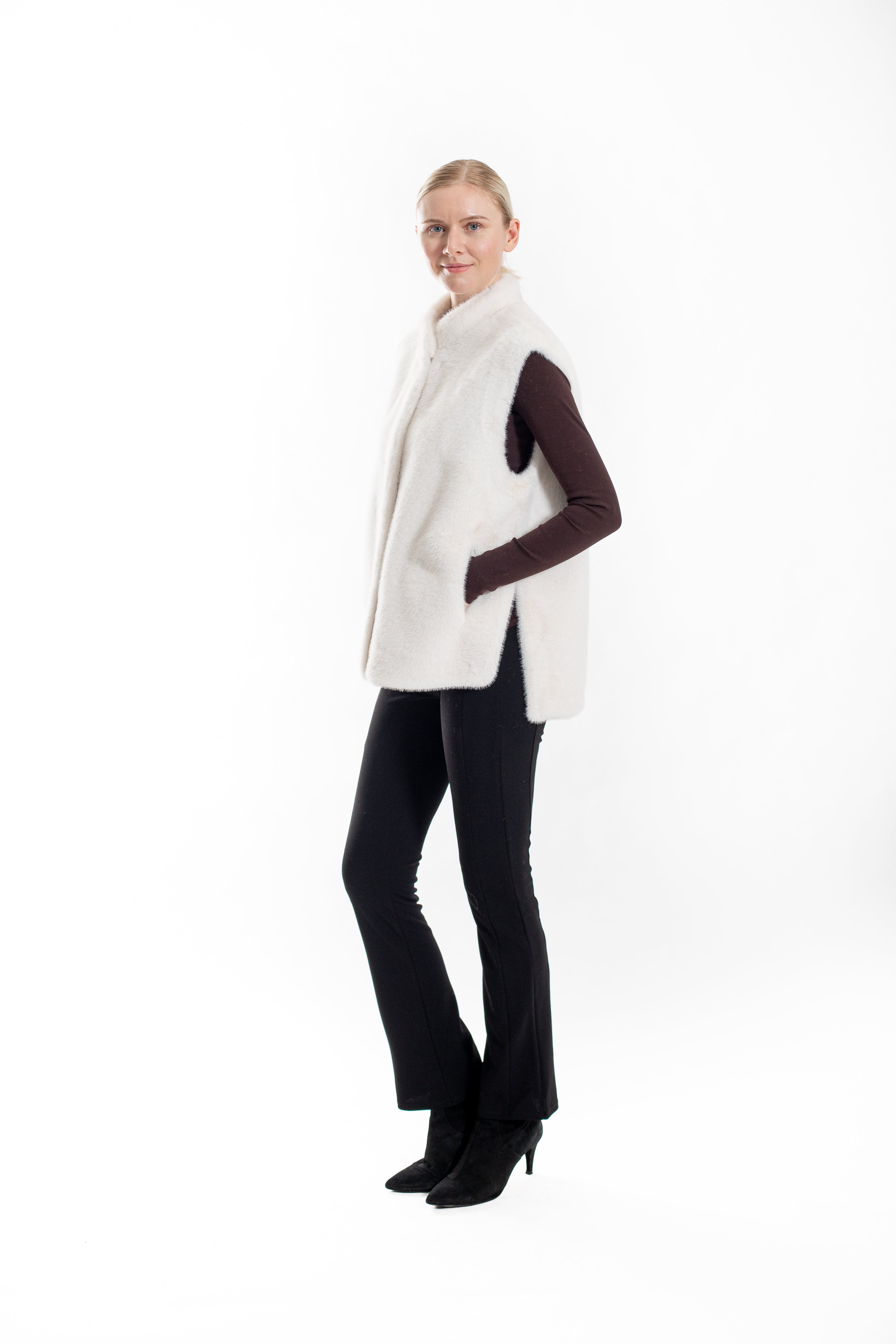 Saskia- Faux mink vest with side slits and snap closure