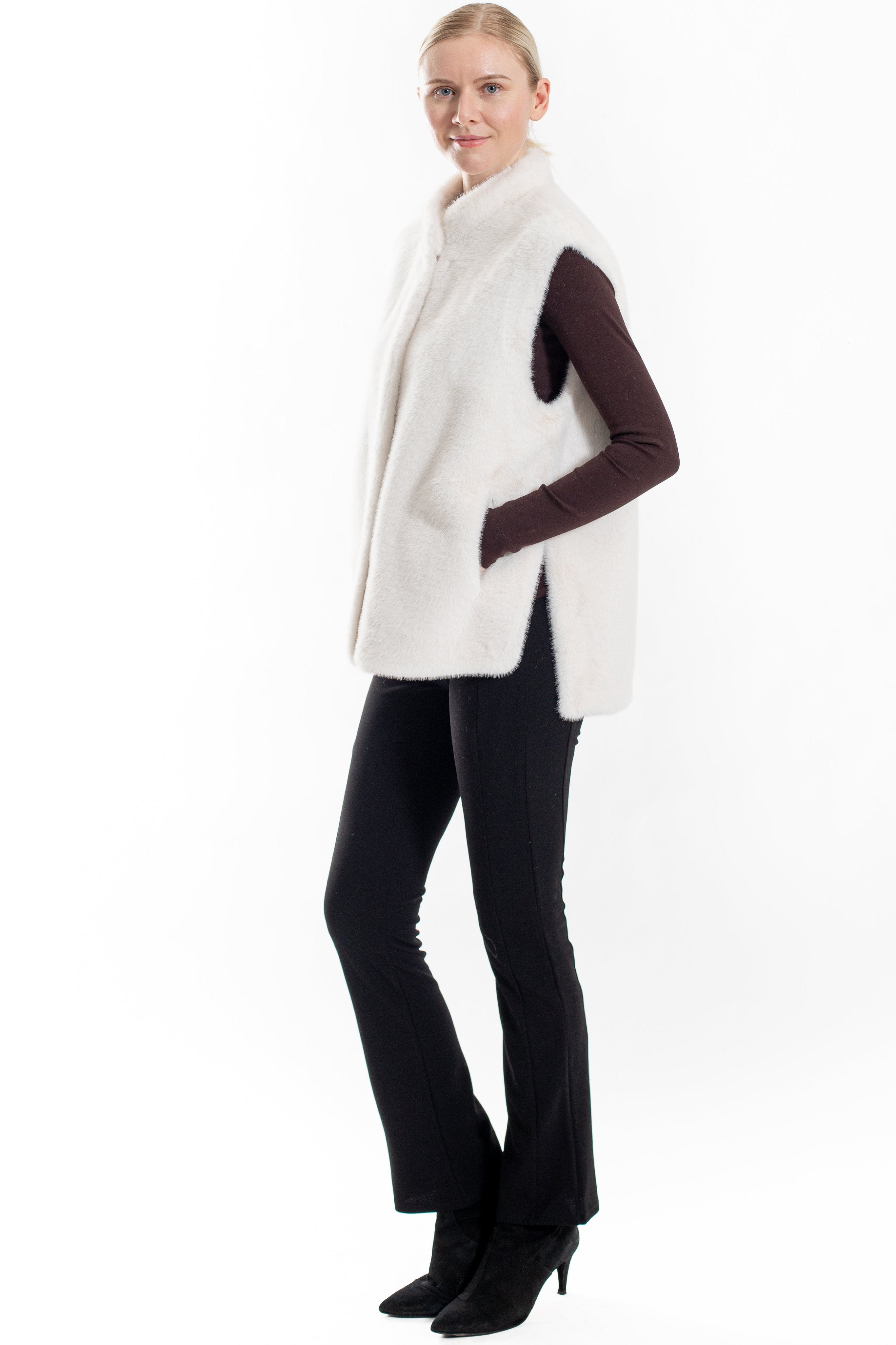 Saskia- Faux mink vest with side slits and snap closure
