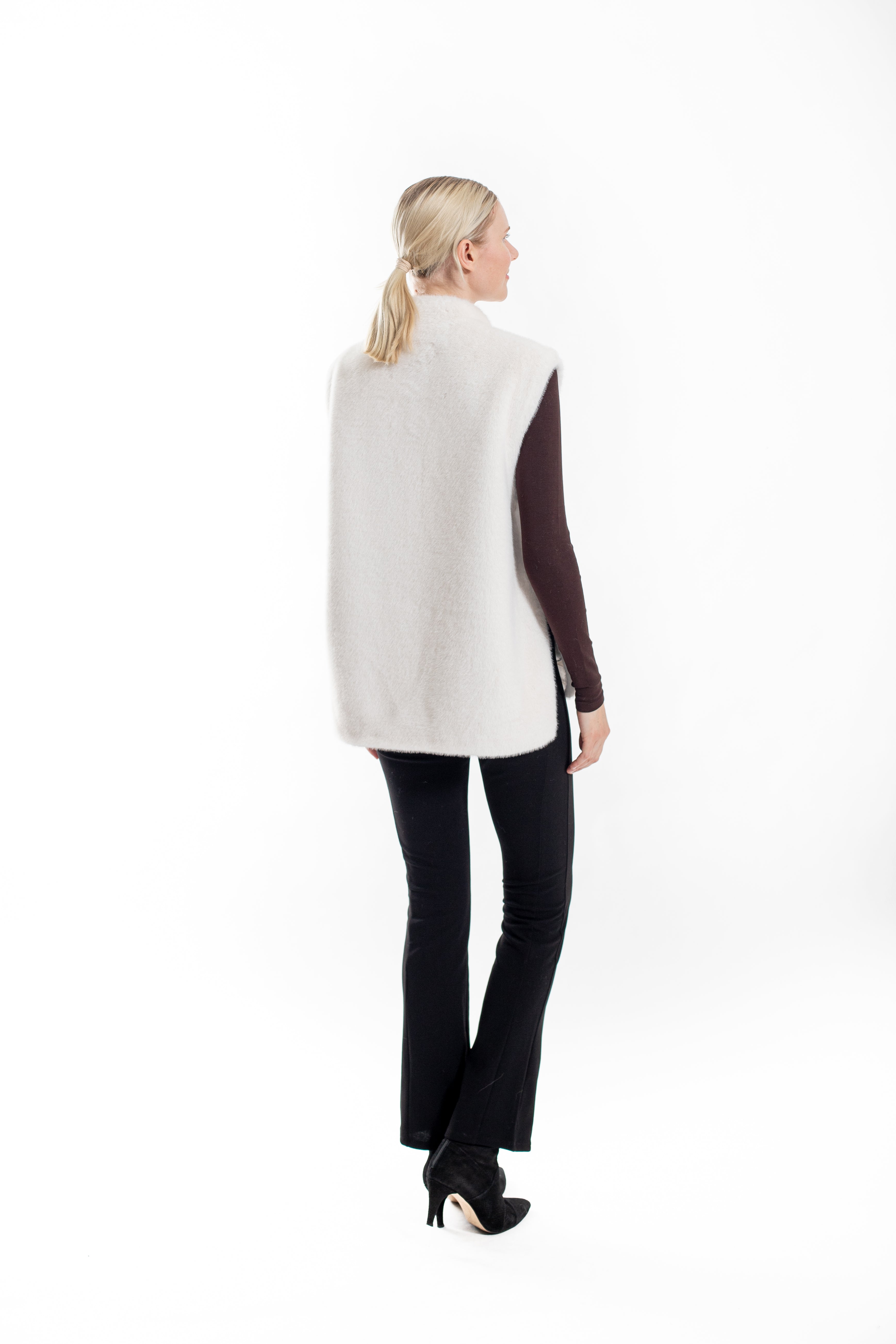 Saskia- Faux mink vest with side slits and snap closure
