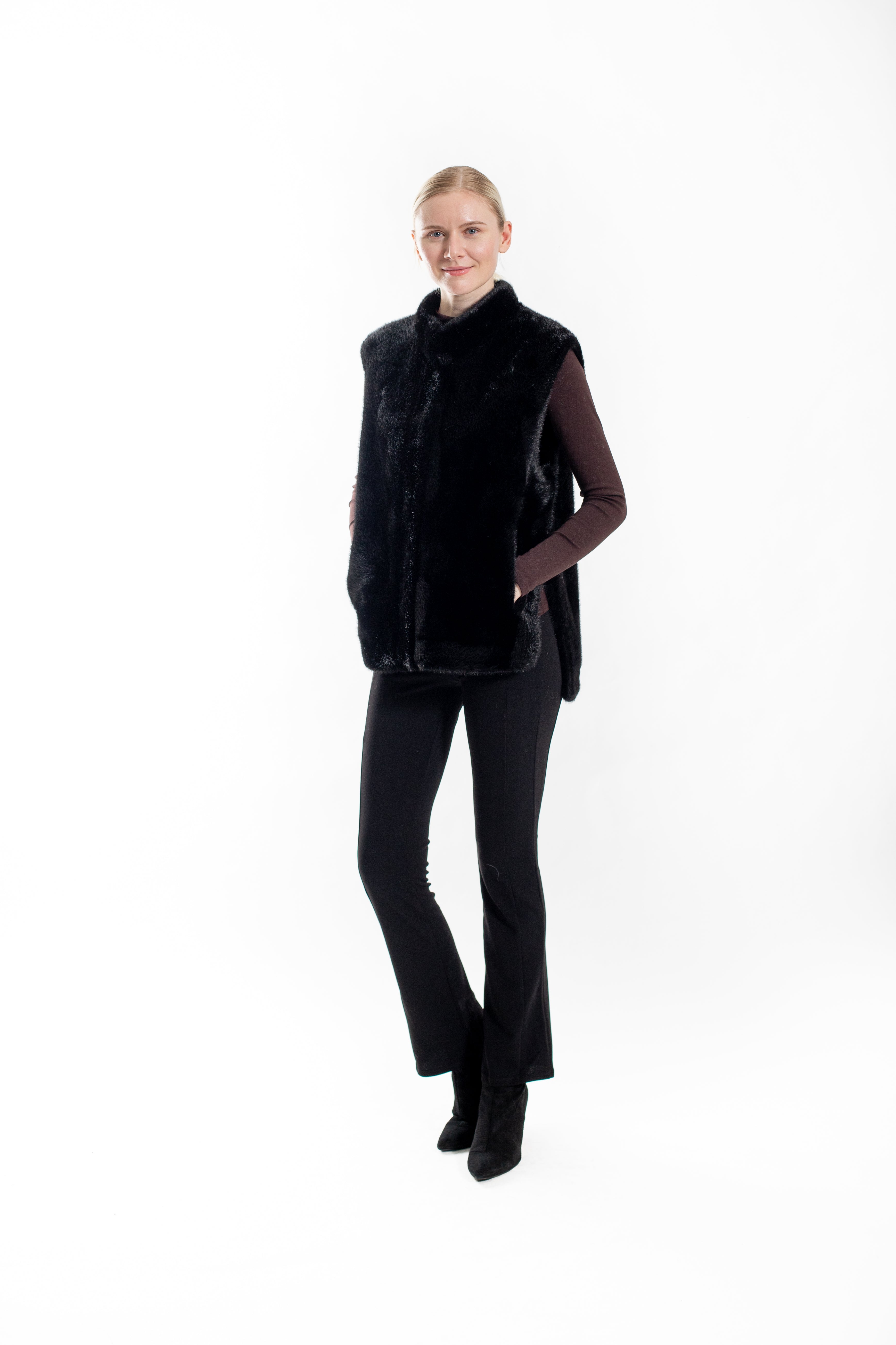 Saskia- Faux mink vest with side slits and snap closure