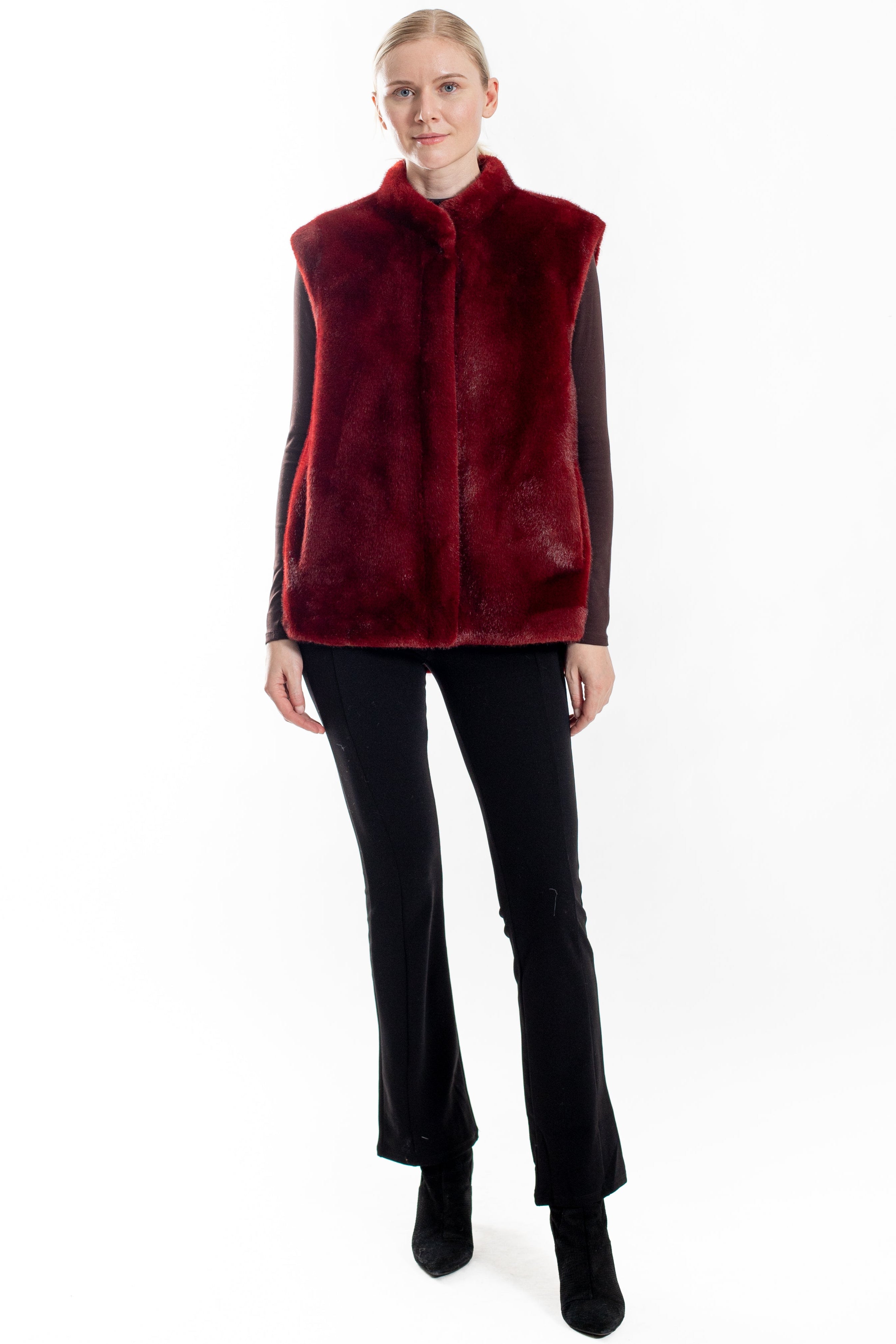 Saskia- Faux mink vest with side slits and snap closure