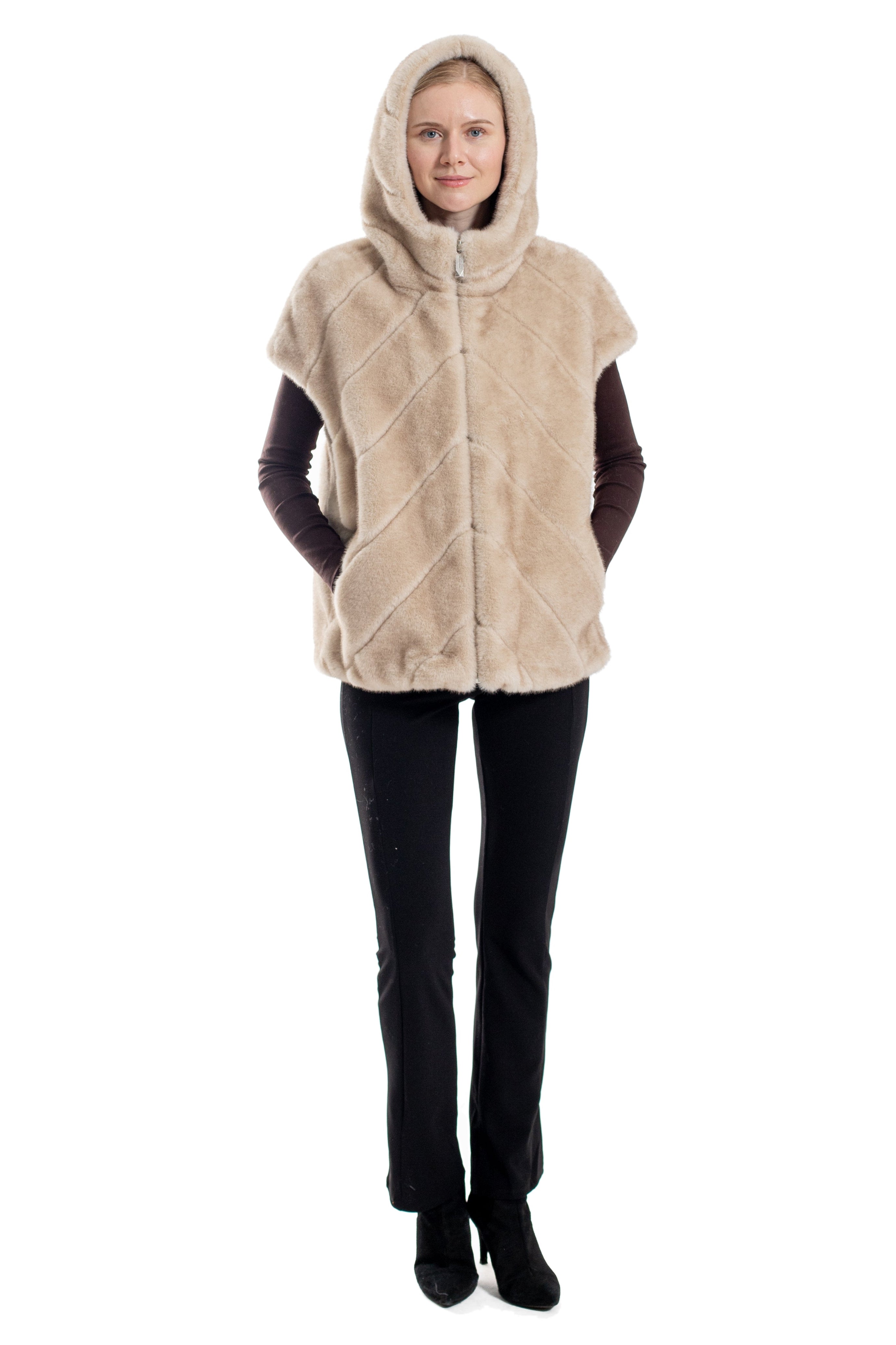 Clinton - Faux Mink Hooded Faux Fur Cape Vest