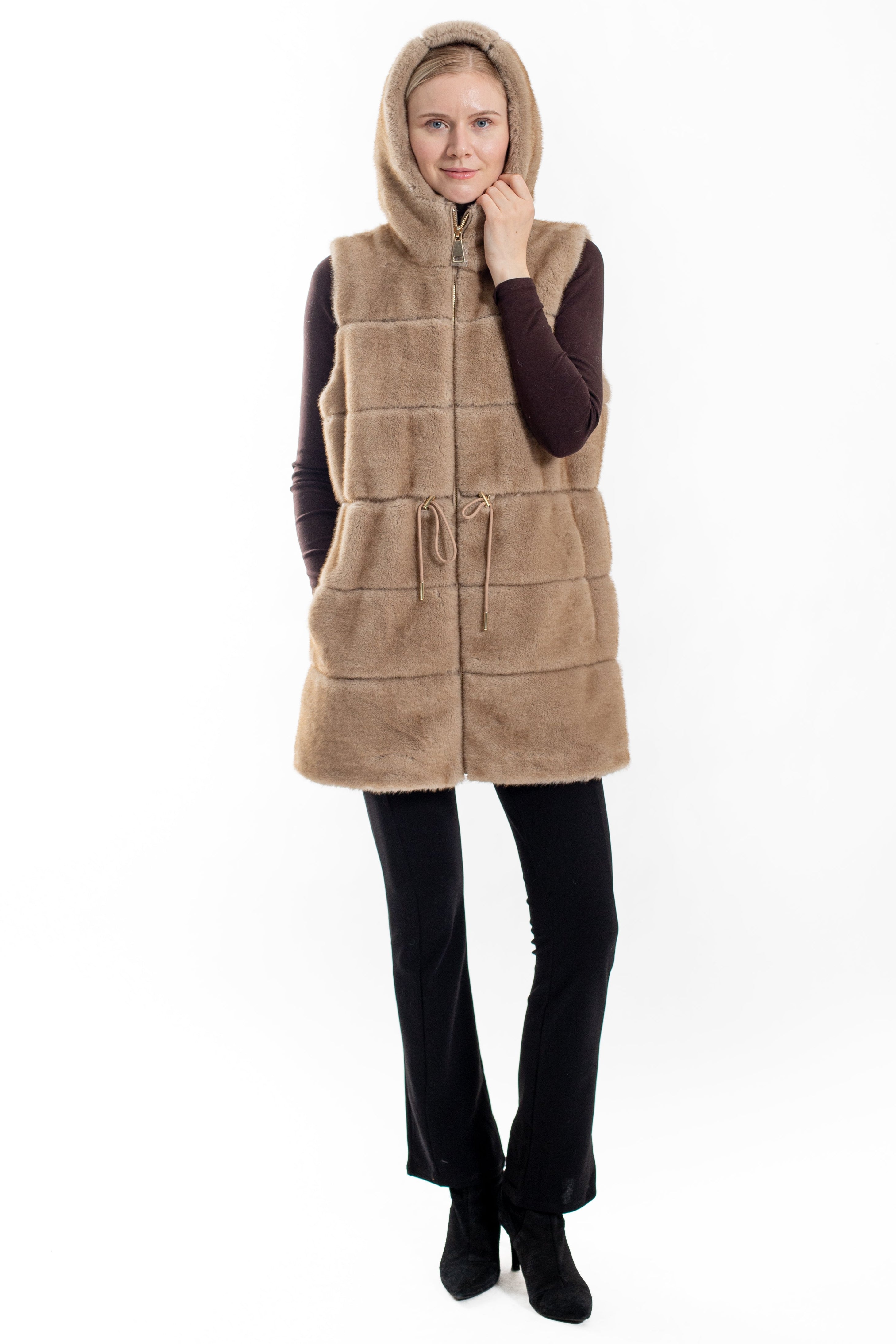 Salem - Faux Mink Hooded Drawstring Faux Fur Vest