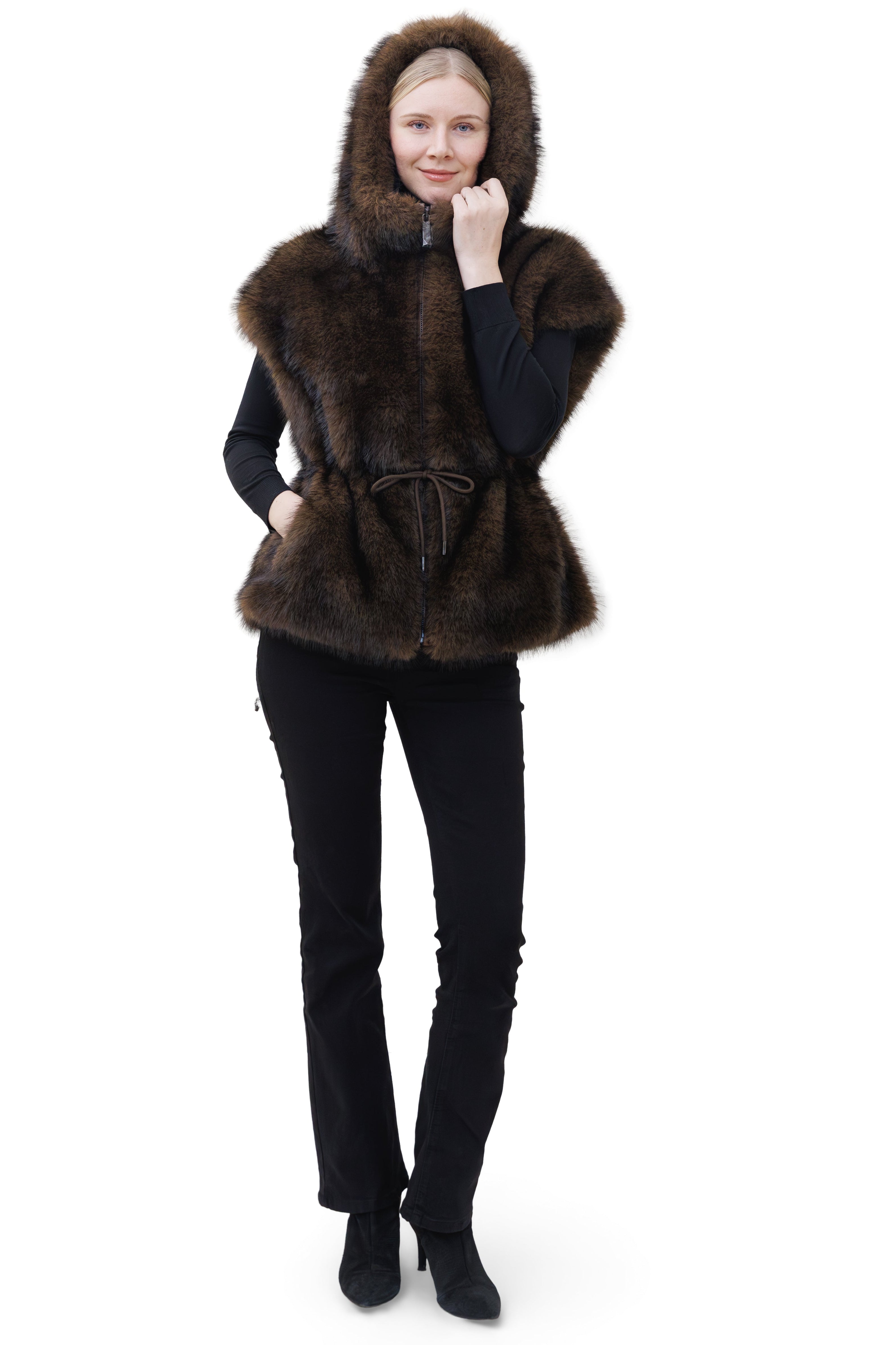 Hydra- Faux Fox Hooded Drawstring Vest